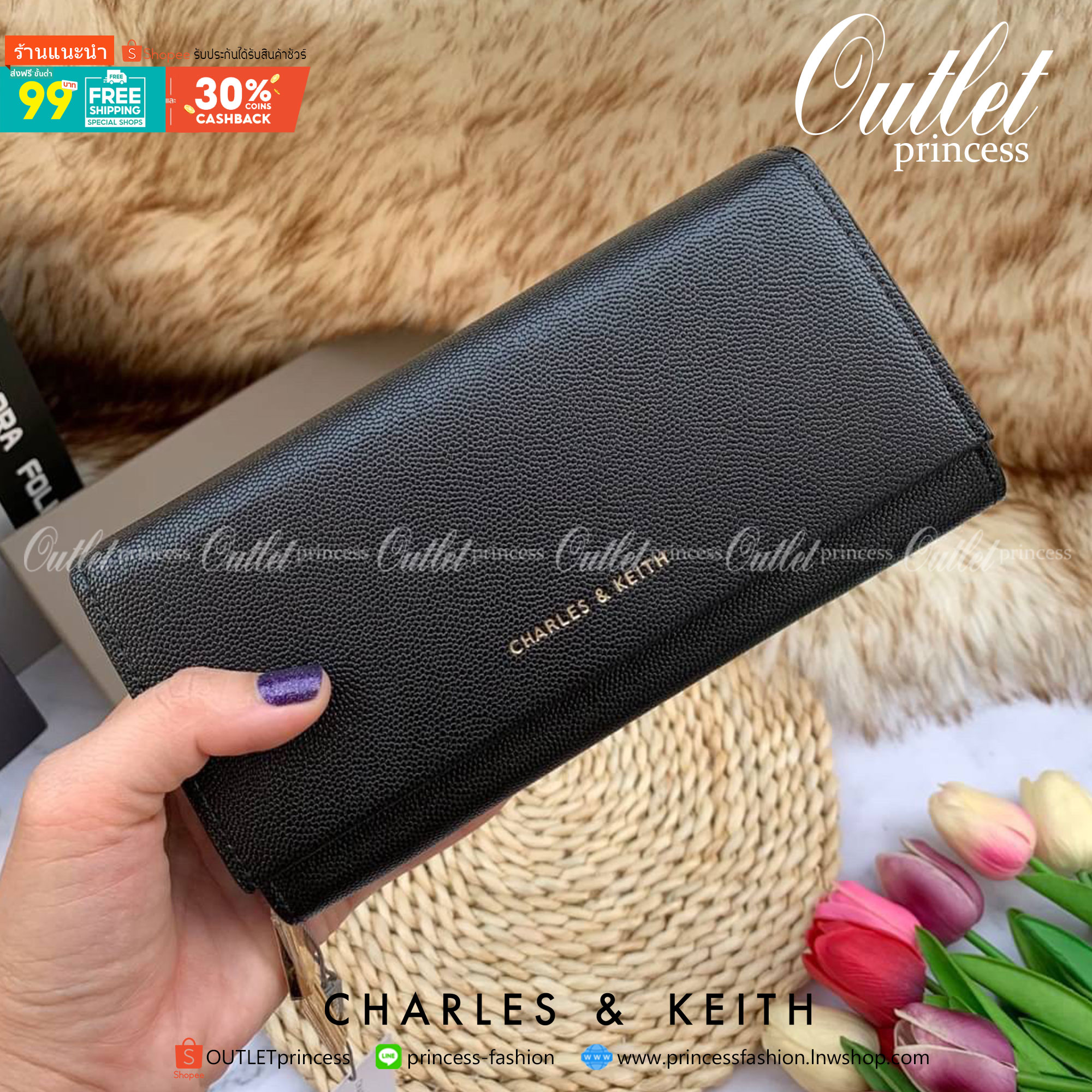 ของแท้ 💯% CHARLES & KEITH METAL TASSEL CLASSIC LONG WALLET กระเป๋าเงินใบยาวรุ่นพู่ยอดฮิต!! หนังพิมพ์ลายคาร์เวียร์ใช้ทน ด้านหลังมีช่องใส่บัตร/แบงค์ได้