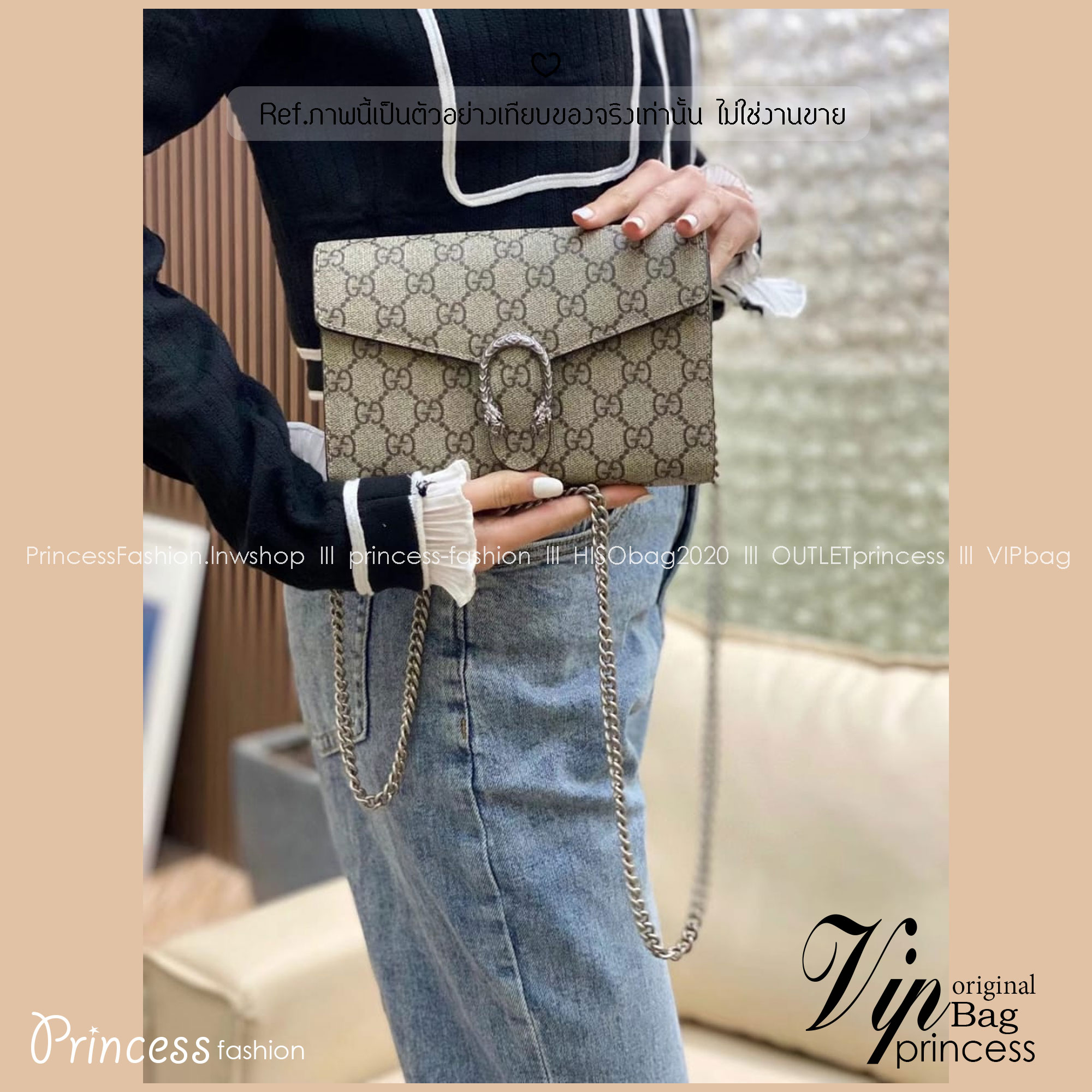 GUCCI Dionysus GG Supreme chain wallet กระเป๋าสะพายคลาสสิควินเทจ ดึงดูดและสะกดสายตาด้วยอะไหล่ดีเทลหรูรูปหัวสิงโต สะพายหรือถือเป็นคลัชท์ได้