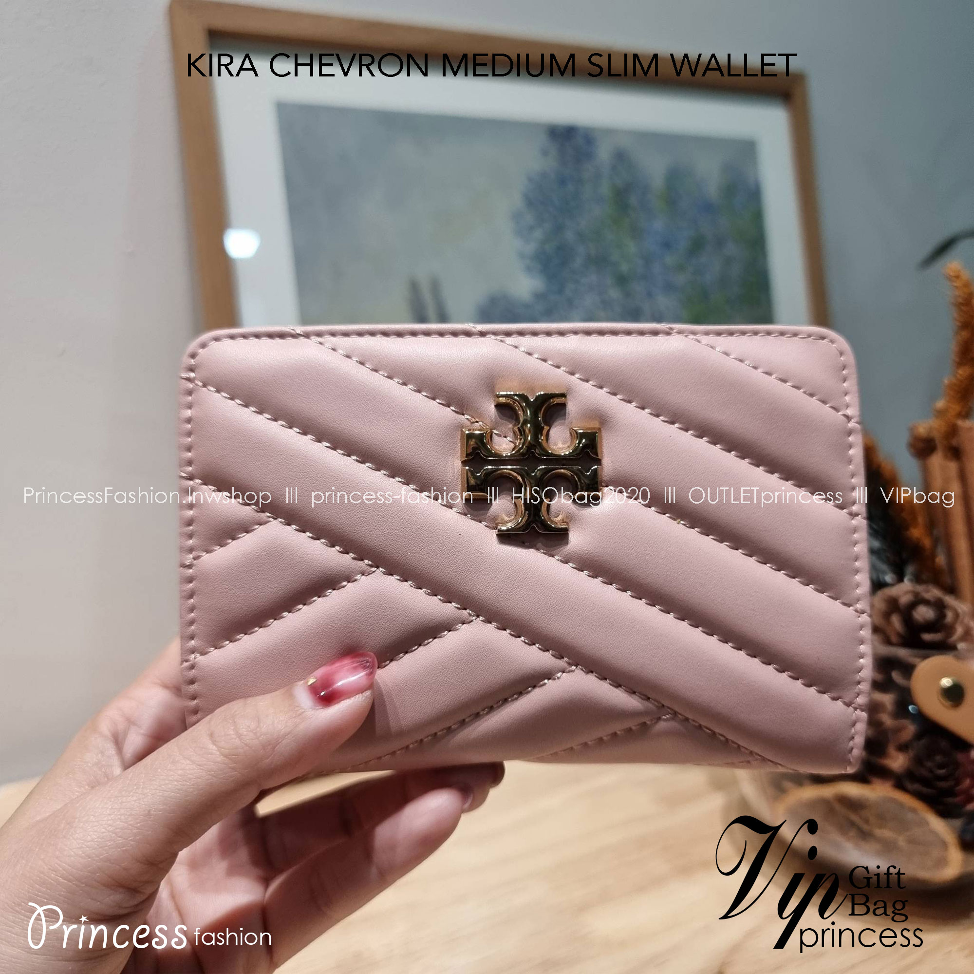 TORY BURCH KIRA CHEVRON MEDIUM SLIM WALLET กระเป๋าสตางค์ใบกลางรุ่นบาง ไม่กินพื้นที่กระเป๋า ดีไซน์เรียบหรู