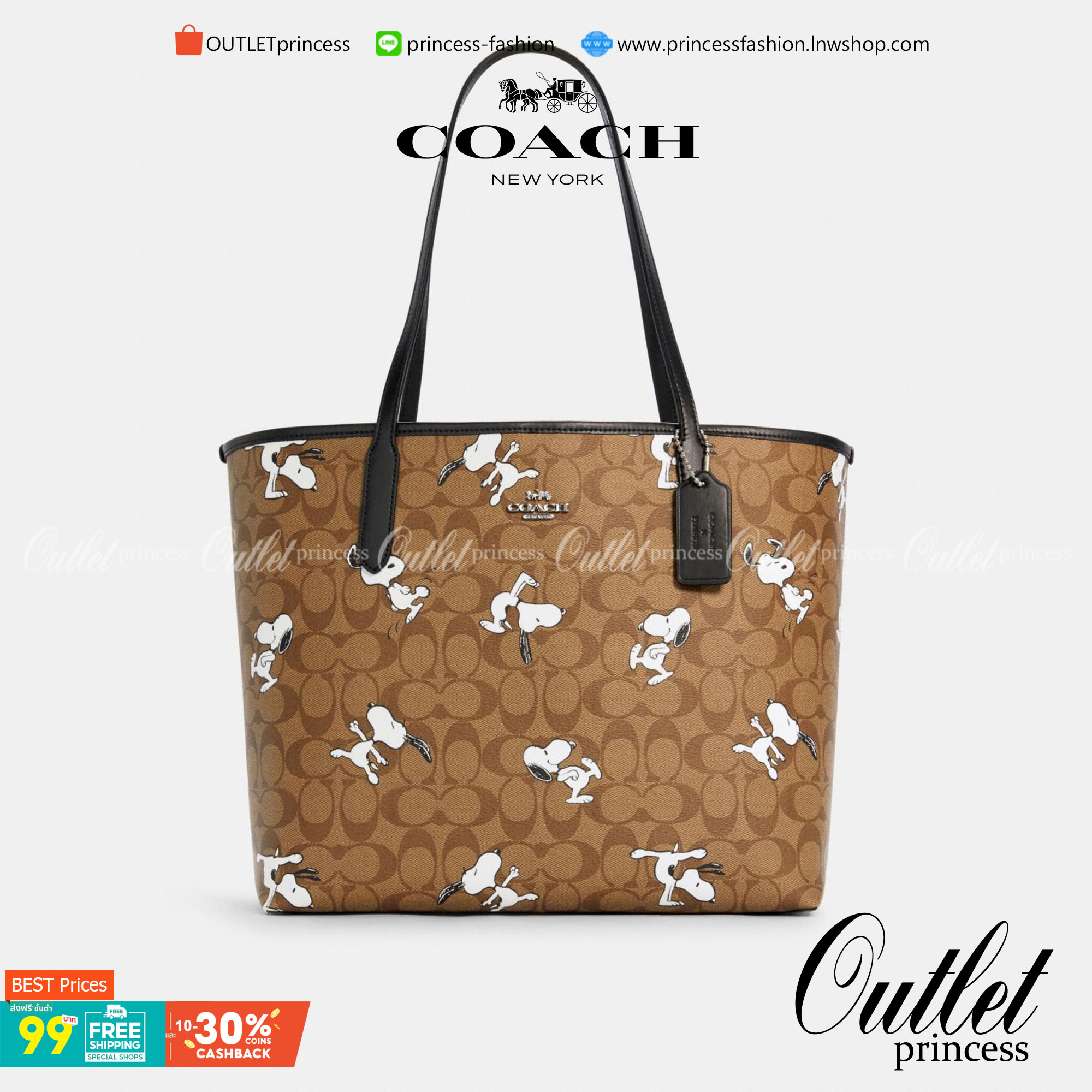 COACH FACTORY TOTE IN SIGNATURE LEATHER BAG X SNOOPY COLLECTION กระเป๋าสะพายคอลเลคชั่นสุดพิเศษจาก Coach Factory วัสดุ Signature refined calf leather หนังแท้ลายแบรนด์ คอลเลคชั่น Snoopy เทคเจอร์สวยอยู่ทรงดีไซน์ยอดนิยมด้านหน้ามีโลโก้ ภายในมีโลโก้กว้างและจุสุ