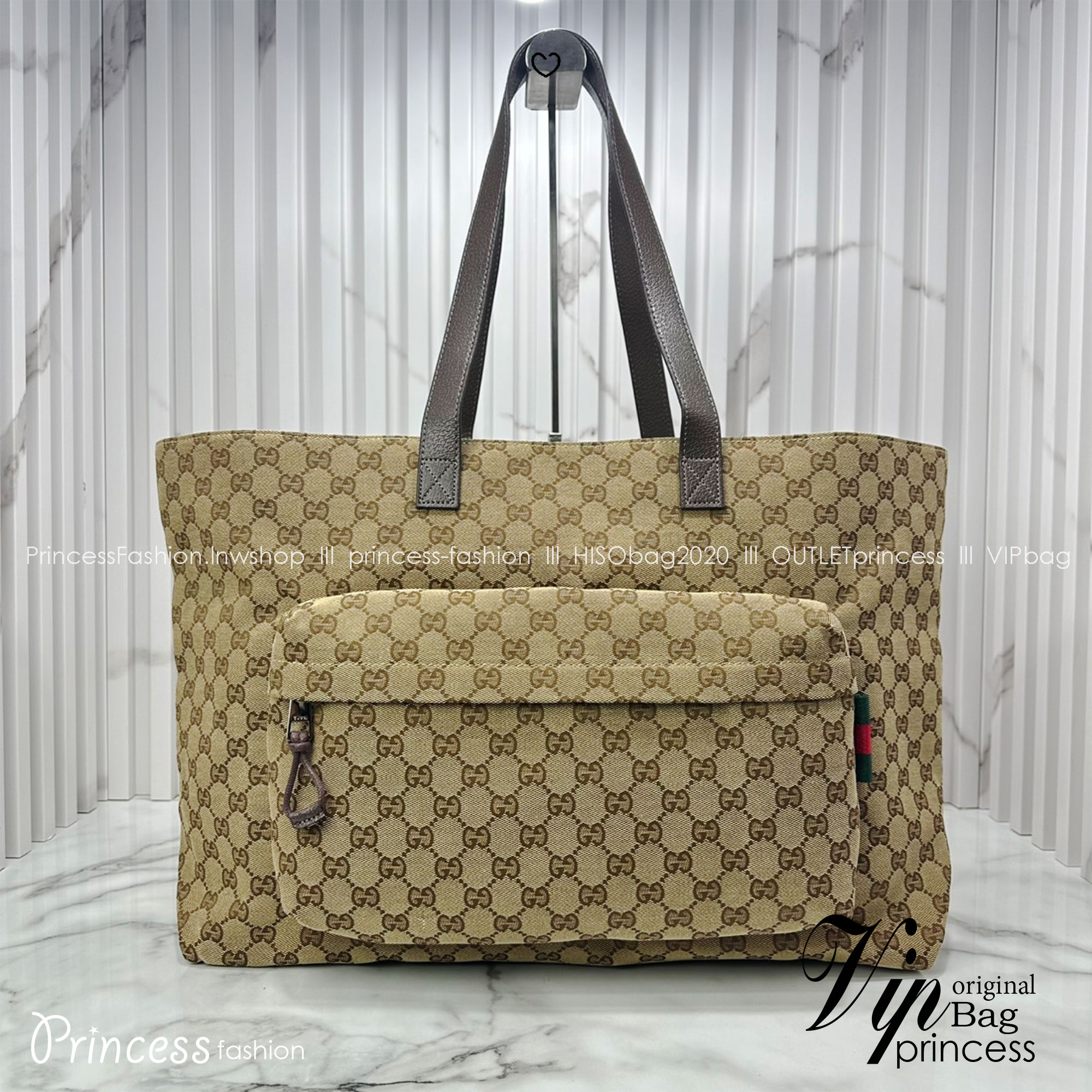 ORI หนังแท้ | GUCCI GG canvas maxi tote bag กระเป๋าสะพายทรงโท้ใบใหญ่ ผ้าแคนวาส GG สีเบจและสีน้ำตาลอีโบนี ซับในผ้าไนลอน ไอเท็มซิกเนเจอร์นำเสนอในคอลเล็กชั่น Fall Winter