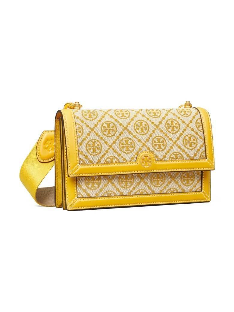 TORY BURCH 81000 MINI T MONOGRAM JACQUARD SHOULDER BAG คอลเลคชั่นฤดูใบไม้ผลิ 2021 กระเป๋าสะพายรุ่นใหม่จาก Tory Burch ดีไซน์สวยคลาสสิค แฝงไว้ด้วยความหรู ลวดลายผ้าแจ็คการ์ด T Monogram บนกระเป๋า Tory Burch นี้ เป็นการยกย่องให้กับงานควิลท์ชาวเพนซิลเวเนียดัตช์