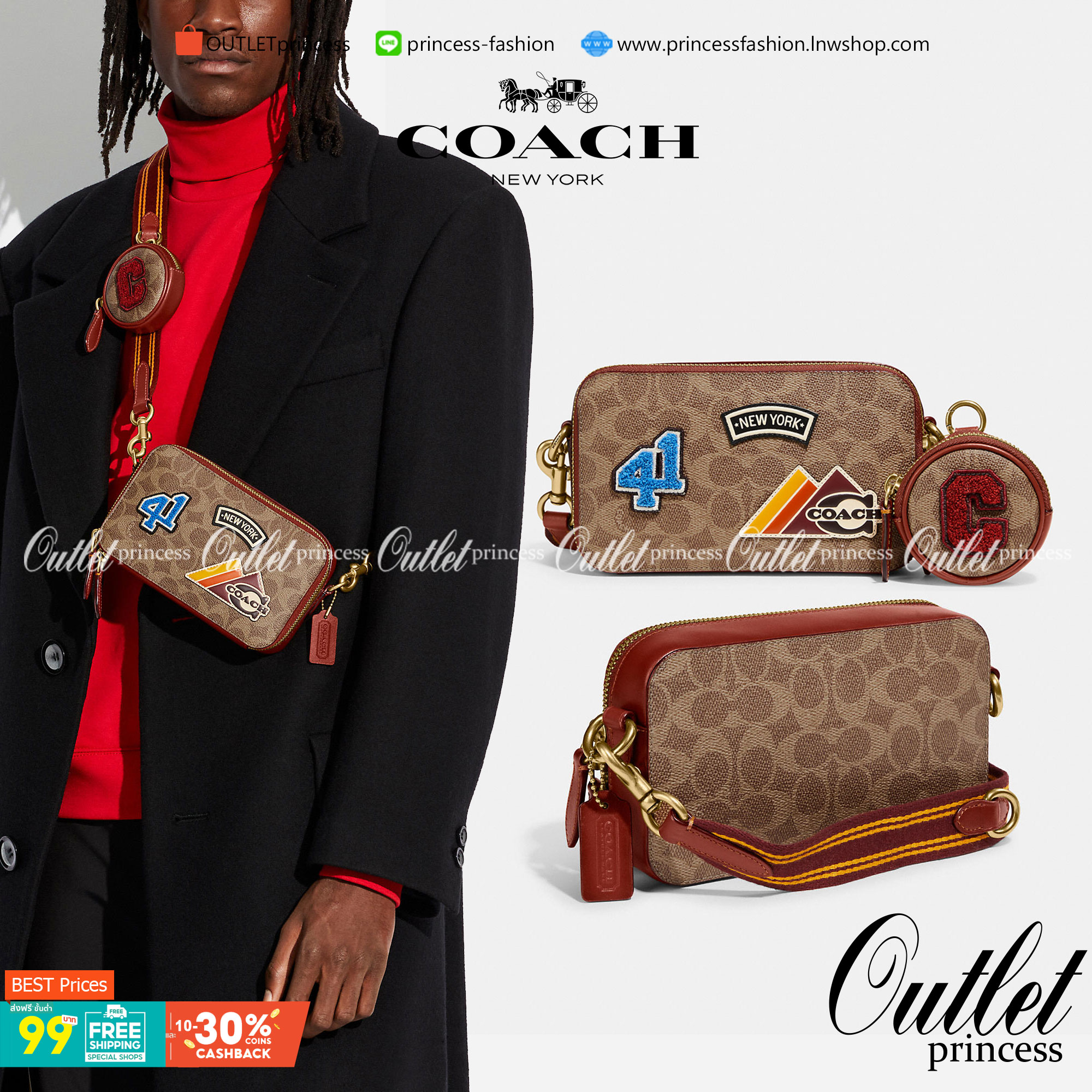 COACH CHARTER SLIM CROSSBODY IN SIGNATURE CANVAS WITH PATCHES ((C6744)) 📌พร้อมส่งที่ไทย สวยก่อนใครไปเลยยค่าา! 🌈จัดส่งพร้อมกระเป๋าพวงกุญแจแบรนด์แบบมีซิปอีกหนึ่งใบ กระเป๋าสะพายแบบครอสบอดี้ร์ หนังแท้สวย