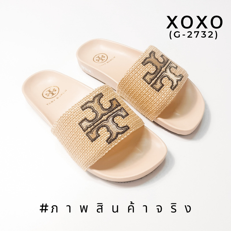 Tory Burch Sandels งานสวม ใส่สบาย พื้นยางนุ่ม วัสดุผ้ากระสอบ ปักลายโลโก้แบรนด์ สวยมาก งานเรียบร้อย