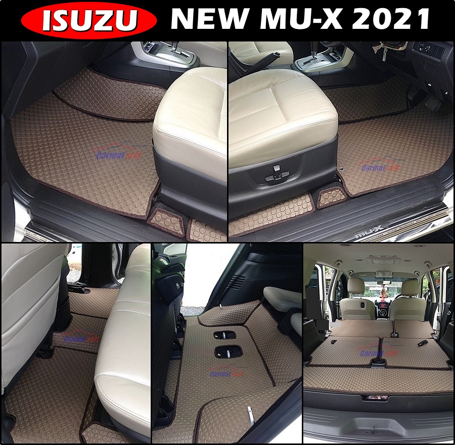 ยางปูพื้นรถยนต์ ISUZU MU-X 2021 ลายกระดุม สีน้ำตาล รวมแผ่นท้าย +ปิดหลังเบาะ เข้ารูป เต็มคัน