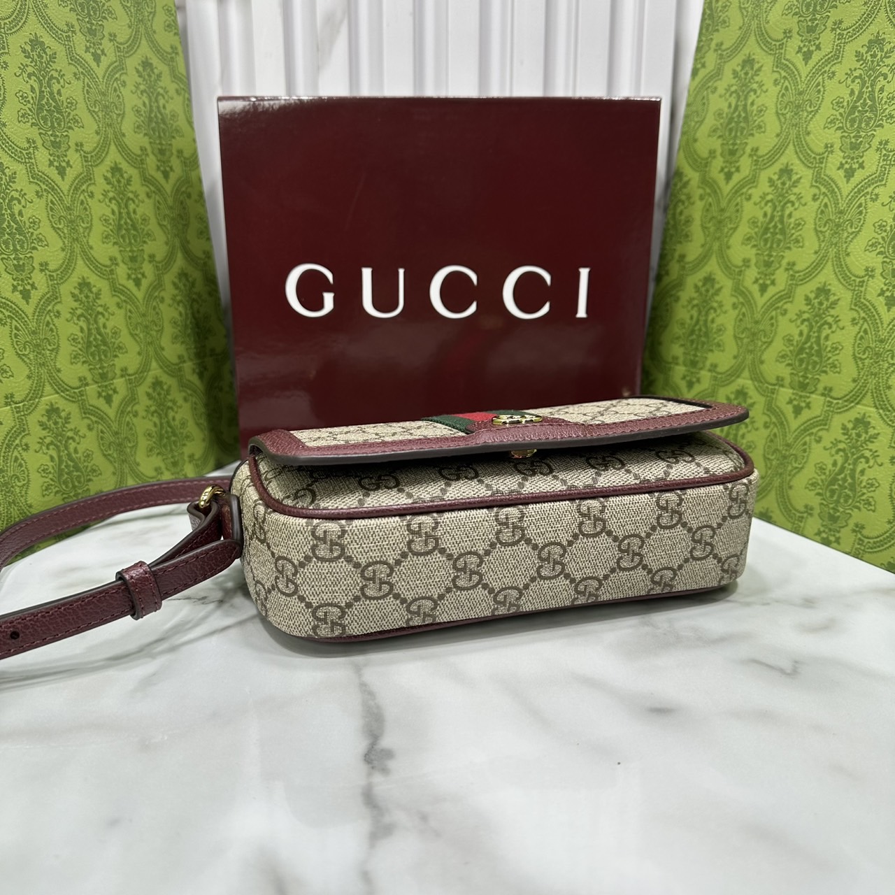 ORI หนังแท้ | Gucci Ophidia mini shoulder bag Monogram Double G / Gucci Crossbody Bag กระเป๋าสะพาย คอลเล็กชั่น Ophidia มอบชีวิตชีวาให้กับมรดกของแบรนด์ด้วยแถบ Web