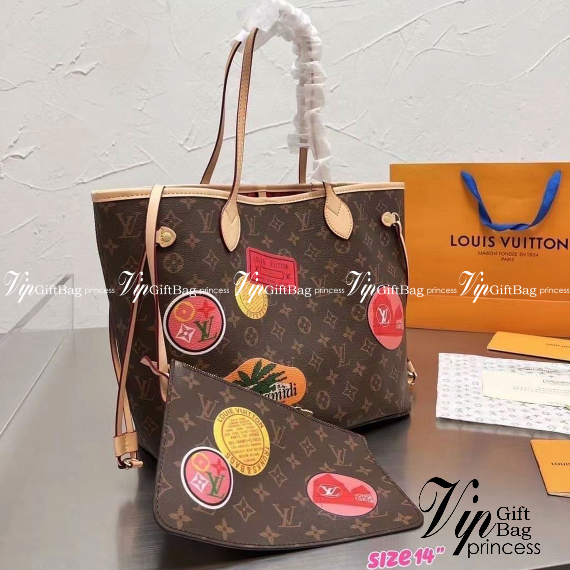 LV Neverfull Monogram Bag / LV Shopping Bag 14" กระเป๋าสะพายใบใหญ่จุใจ หนังลายโมโนแกรม ทรง tote มาใหม่ มาพร้อมกระเป๋าใบเล็ก งานปั้มแบรนด์ทุกจุด สกรีนลายชัดเจน สีสวย ภาพถ่ายจากงานขายจริง ใช้งานต่างประเทศได้