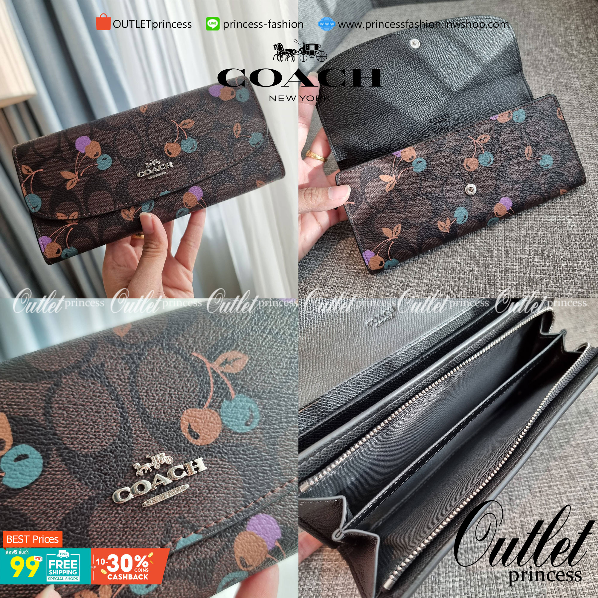 OUTLET 】COACH F31562 SLIM ENVELOPE WALLET IN SIGNATURE CANVAS WITH CHERRY PRINT คอลเลคชั่นใหม่ล่าสุด ต้อนรับนิวเยียร์ไปเลย!! 🍒🎊 กระเป๋าสตางค์รุ่นขายดี ทรงจดหมายรุ่นฝาพับ ดีไซน์ลายเชอร์รี่ น่ารักสดใส วัสดุหนังแคนวาสเคลือบลาย ภายในใส่มือถือไ