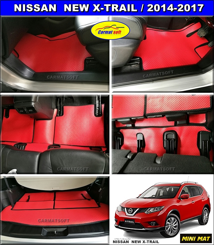 พรมกระดุมเม็ดเล็ก NISSAN X-TRAIL 2014-2019 7ที่นั่ง สีแดงขอบดำ เต็มคัน+ปิดเบาะเเถว3