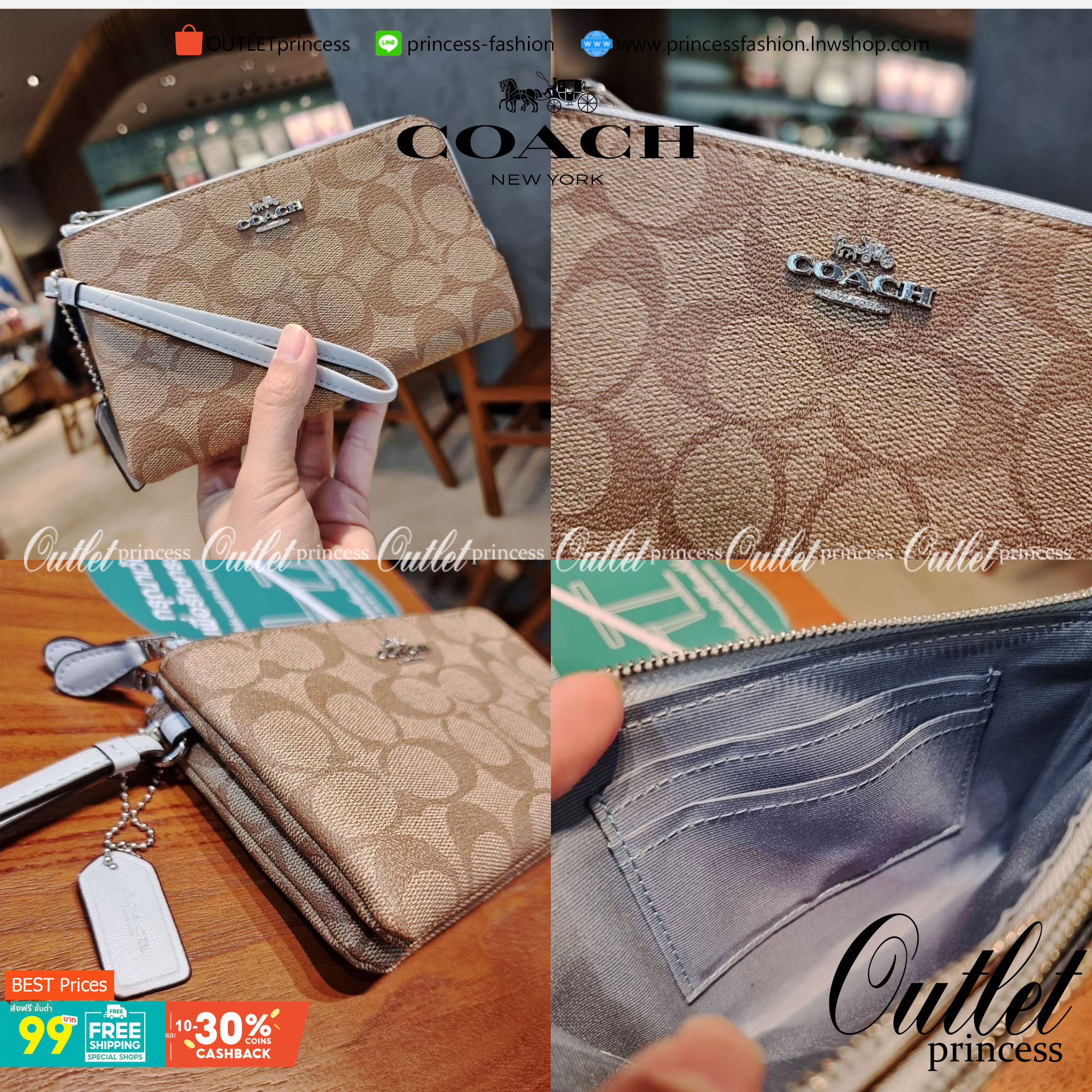 COACH F87591 DOUBLE CORNER ZIP WALLET IN SIGNATURE COATED CANVAS คล้องมือรุ่น 2 ซิป!! มาแล้วจ้า 🌟🤗 ไซส์นี้คือเหมาะมือจริงๆ พกง่ายเช่นเคย ไม่ต้องกังวลว่าจะเกะกะหรือกินพื้นที่กระเป๋าหลัก วัสดุหนังแคนวาสเคลือบลาย มีช่องหลักแยก 2 ช่อง ภายในบุผ