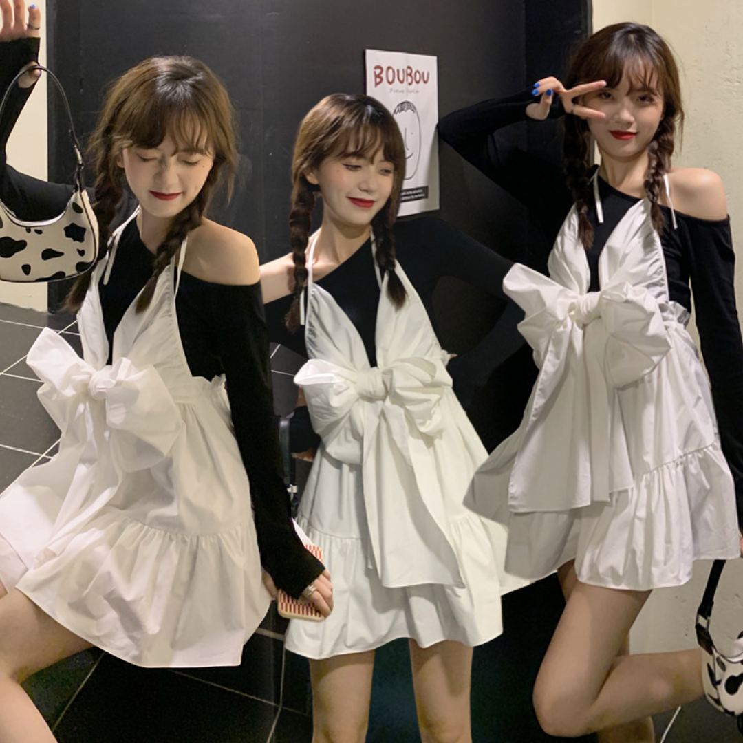 พร้อมส่ง 🦷🧠 Wani dress & tops เดรสสายเดี่ยวแต่งโบว์ & เสื้อทรงเข้ารูปสีดำ (แยกชิ้น) (36379)