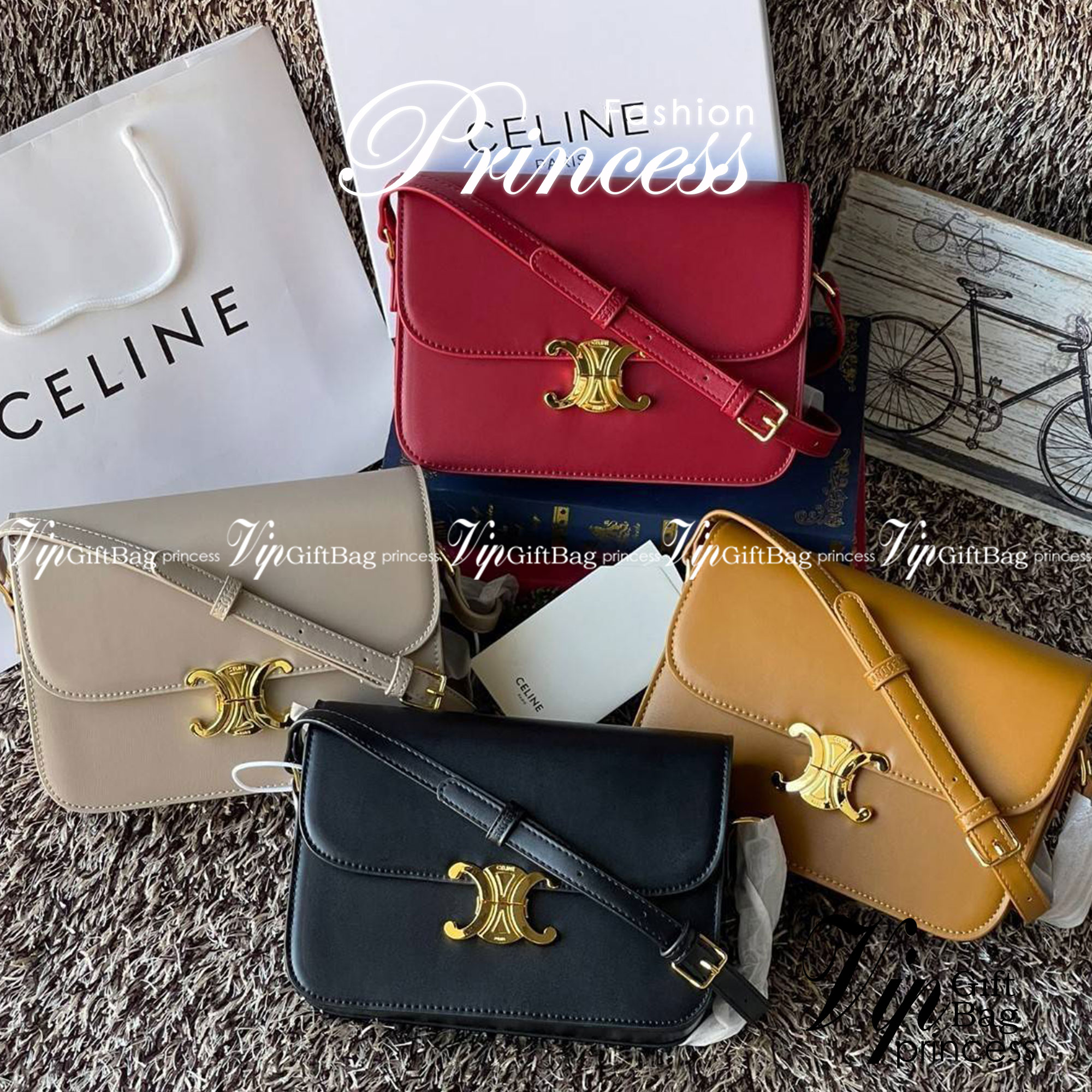 Celine MEDIUM TRIOMPHE BAG IN SHINY มีรูปทรงเป็นกล่องคล้ายกับกระเป๋า Classic Box แต่มีการออกแบบโลโก้ที่สะดุดตาแบบวินเทจ ด้วยดีไซน์ที่ดูโฉบเฉี่ยว แต่คงความคลาสสิคอย่างเต็มเปี่ยม ทำให้เป็นที่ดึงดูดความสนใจของสาวๆ สายสะพายสามารถปรับระดับได้ มีความคล่องตัวในก