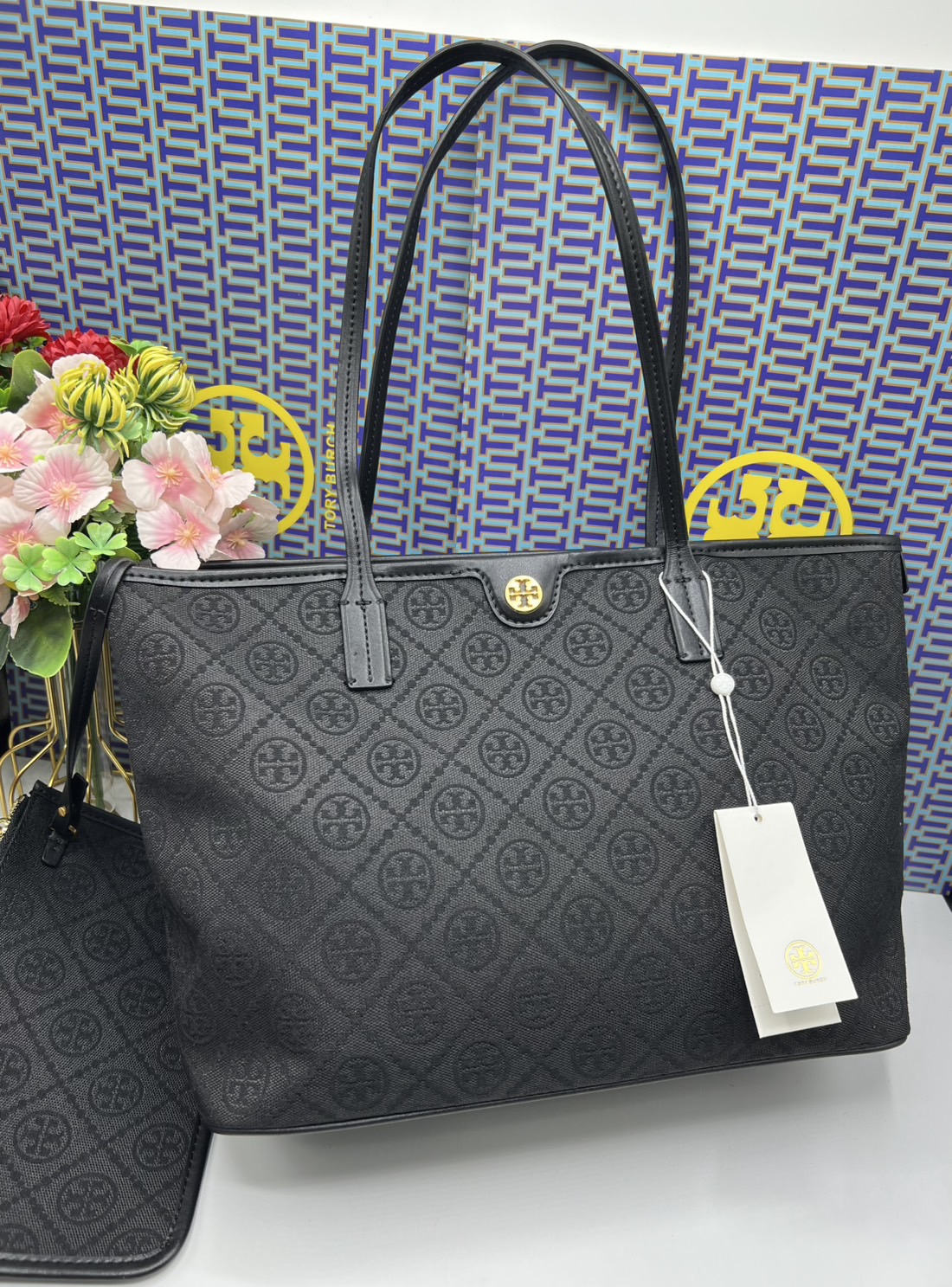 ORI หนังแท้ | Tory Burch T Monogram zip tote bag กระเป๋าทรงโท้ทใบใหญ่ทรงกว้างพร้อมใบเล็กเข้าเซ็ท งานผ้าแจ็คการ์ดตัดขอบหนัง เดอะเบสท์ เซลเลอร์!!