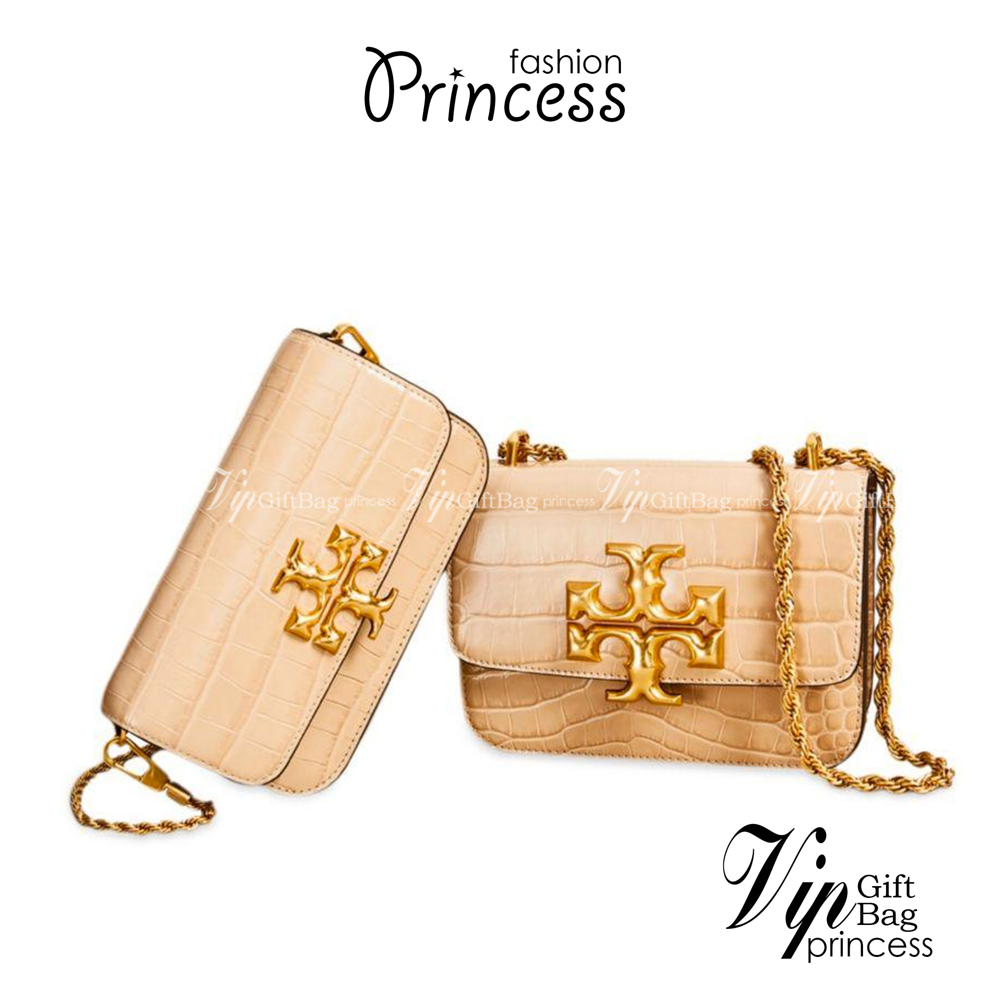 Tory Burch Eleanor Crocodile-Embossed Phone Crossbody Bag จุดเด่นของรุ่นนี้คือดีไซน์ออกมาในสไตล์คลาสสิกที่มาพร้อมกับฮาร์ดแวร์ที่ทำจากวัสดุทองเหลืองและสายสะพายโซ่เกลียวสีทอง ซึ่งการออกแบบได้รับแรงบันดาลใจมาจากเครื่องประดับ รูปทรงกะทัดรัดจึงสามารถสะพายใช้งา