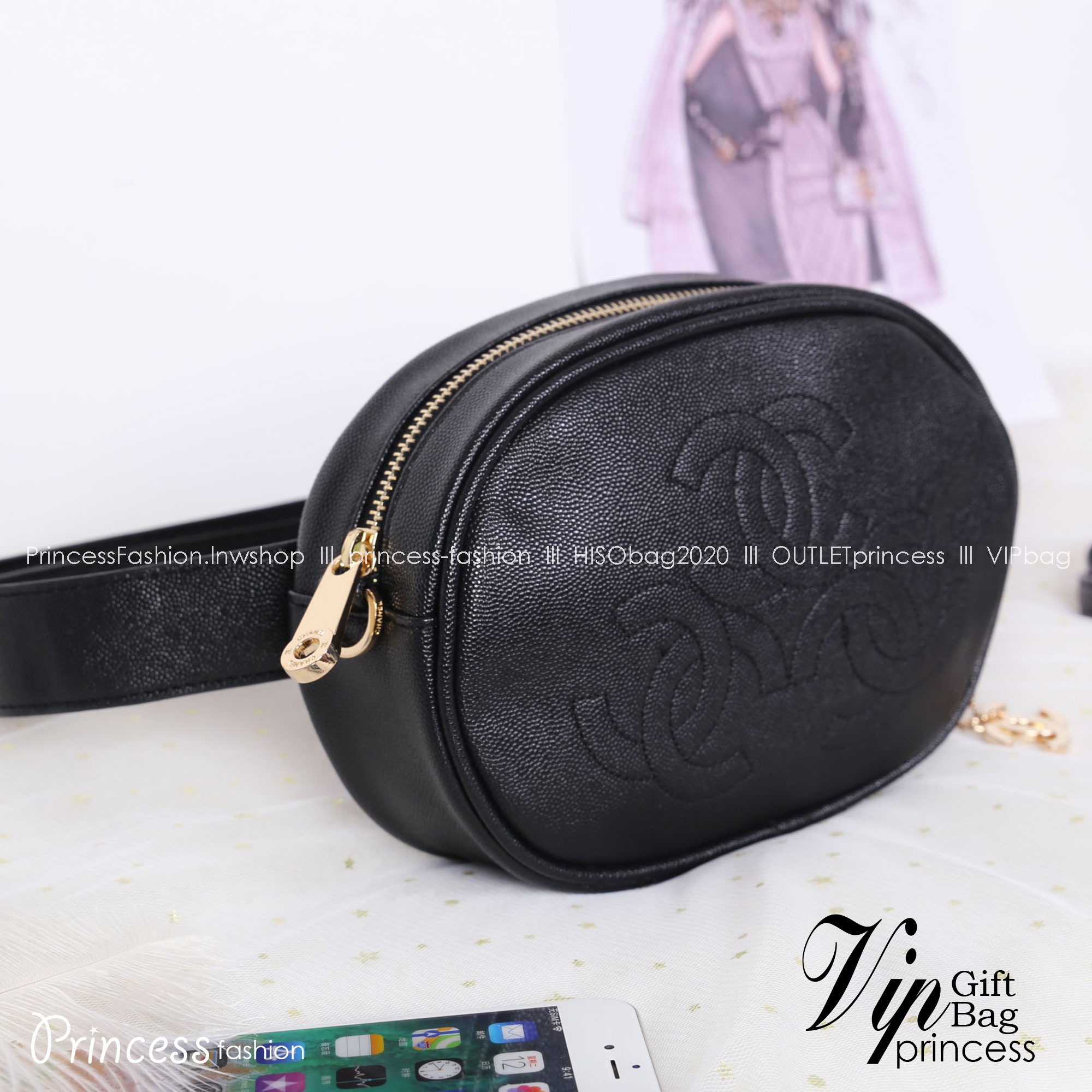 CHANEL waist and crossbody bag with 2 straps / Chanel Belt Bag กระเป๋าสะพาย หรือคาดเอวด้วยเข็มขัด วัสดุทำจากหนังพรีเมี่ยมลายคาเวียร์ทั้งใบด้านหน้ามีโลโก้แบรนด์