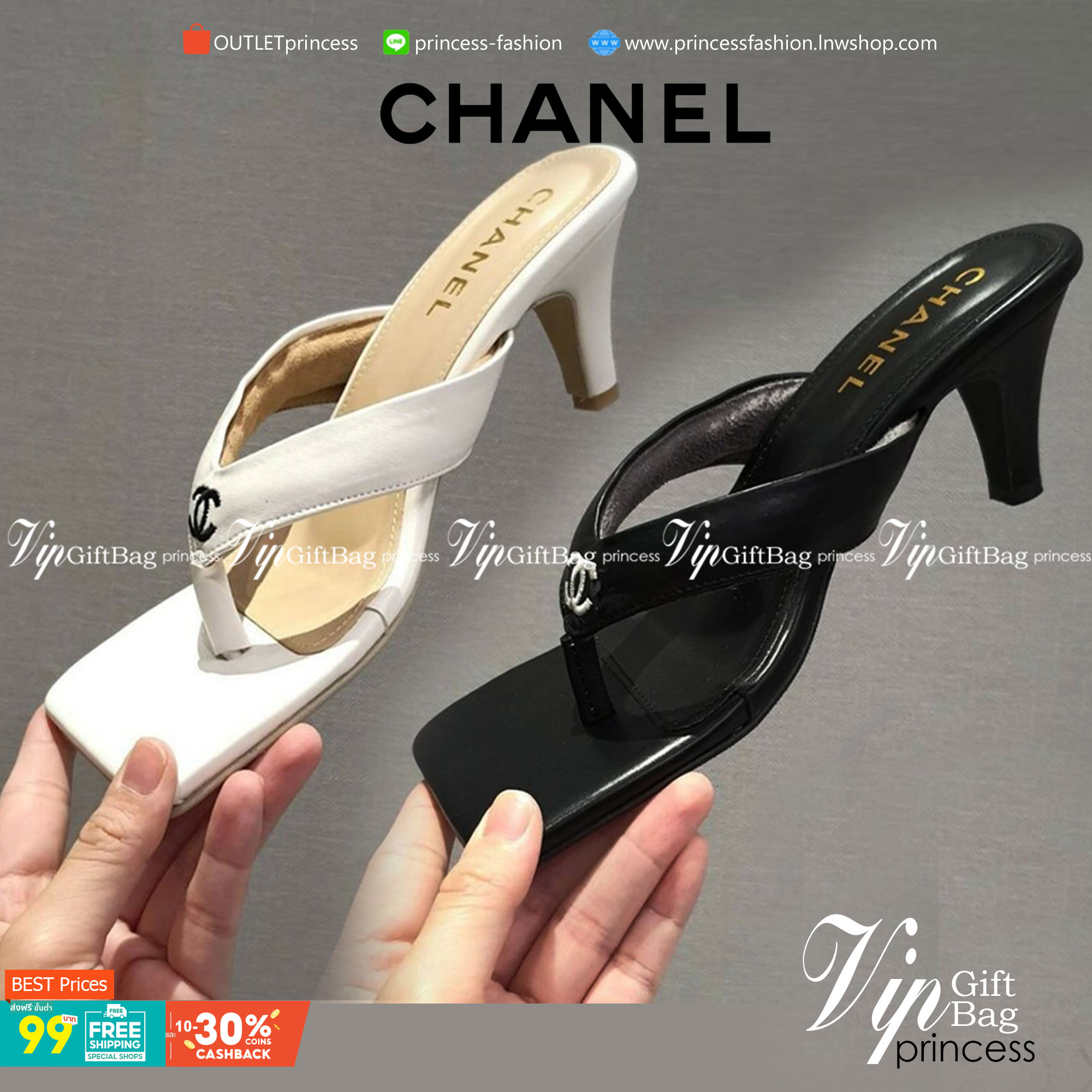 CHANEL งามสวม สวย หรู่ แตะหนีบ นุ่มใส่สบาย ไม่สูงมาก กำลังใส่สบาย ด้านหน้าปัก โลโก้แบรนด์ แมทส์ชุดง่าย น้ำหนักเบา