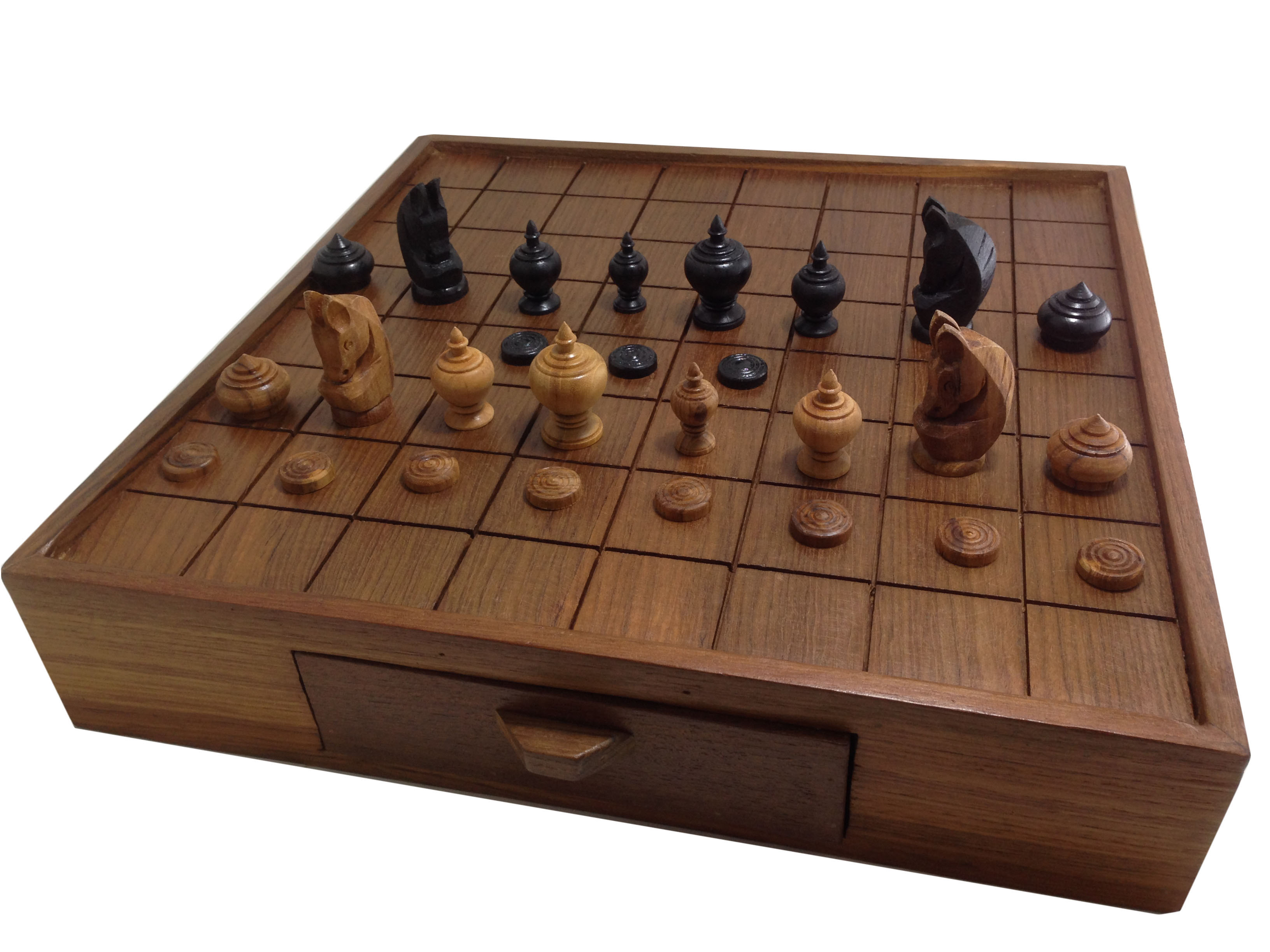 ชุดหมากรุกไทยไม้สักพร้อมกล่องไม้สักและกระดานไม้สักเซาะร่องมีลิ้นชัก