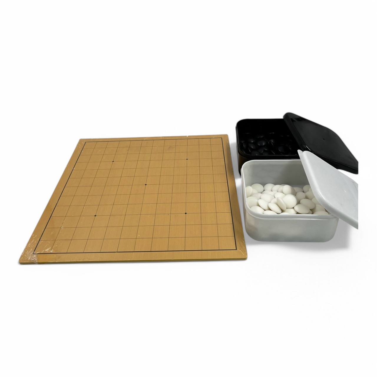 ชุดกระดานหมากล้อมไม้บาง0.5cm 9และ13าส้น.พร้อมเม็ดหมากเมลามีนนูนสองด้านฝั่งละ90เม็ดพร้อมโถสี่เหลี่ยม