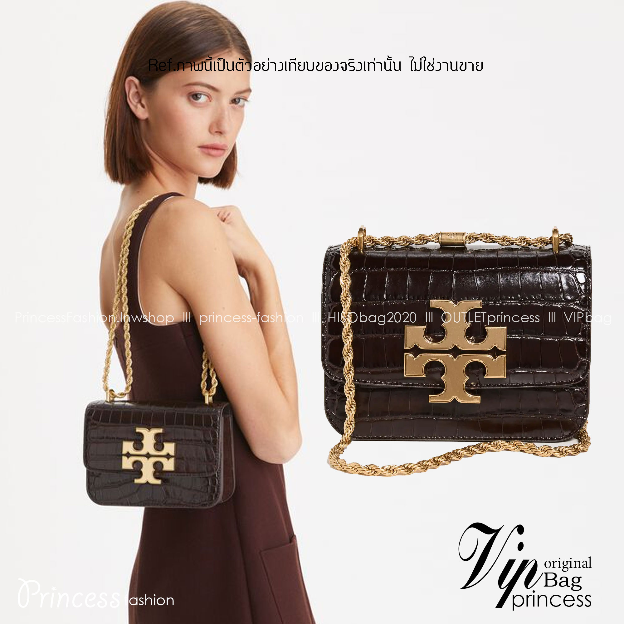 6 สี Tory Burch Croc Eleanor Small Bag / TORY BURCH ELEANOR CROC EMBOSSED LEATHER กระเป๋าสะพายหนังพิมพ์ลายจระเข้ ดีไซน์หรูหรา โด่นเด่นด้วยโลโก้แบรนด์อะไหล่ด้านหน้า และสายสะพายโลหะสีทอง