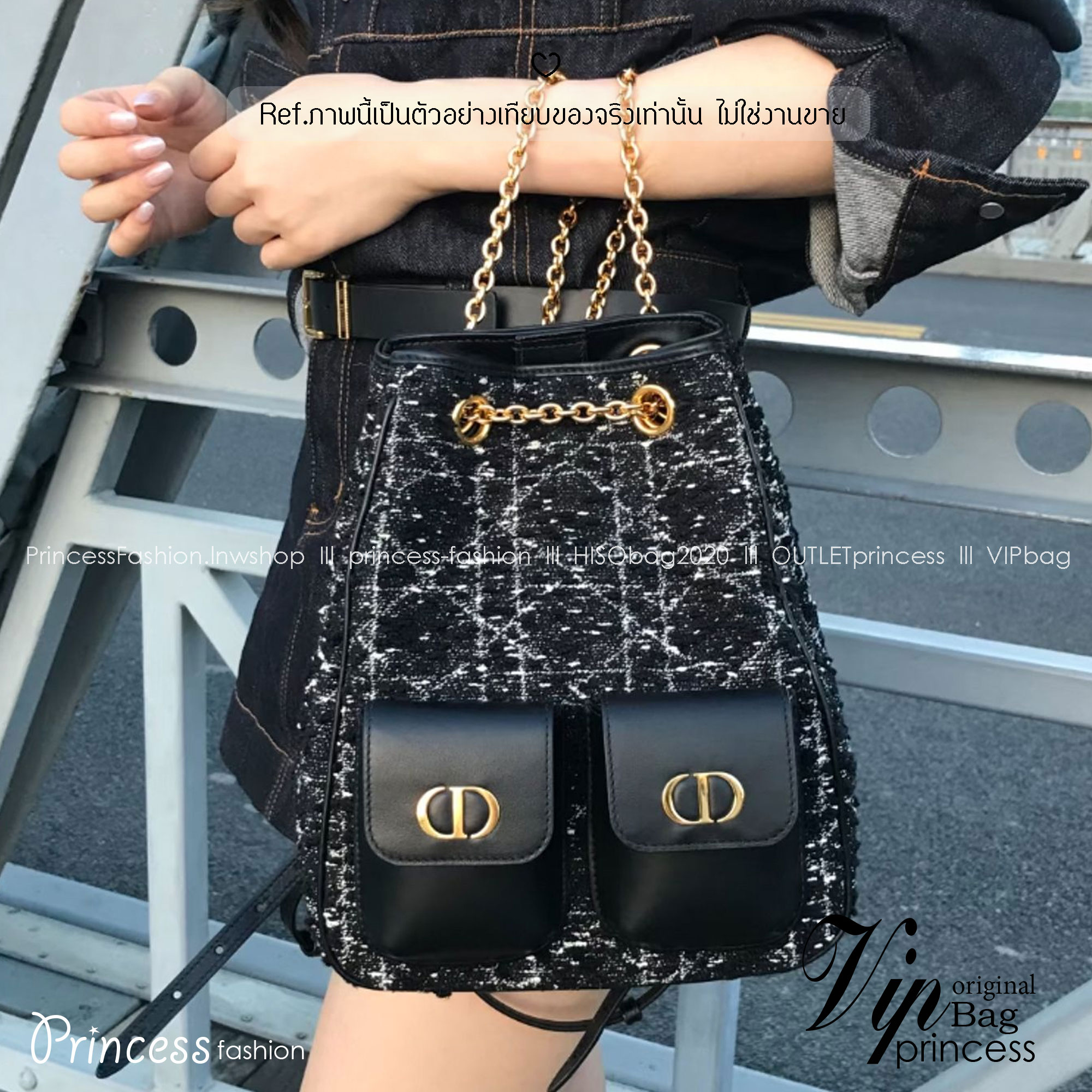 ORI หนังแท้ | Dior Caro Multicarry Bucket Backpack กระเป๋าเป้สะพายหลัง คอลใหม่ล่าสุด โดดเด่นด้วยผ้าทอทวีตโทนสีดำ พร้อมกระเป๋าเล็กคู่หน้า เปี่ยมไปด้วยสไตล์และความหรูหราตกแต่งด้วยโลโก้ CD โลหะสีทอง