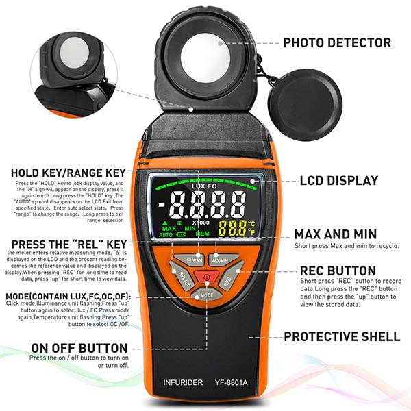 เครื่องวัดความเข้มแสง และอุณหภูมิ สำหรับปลูกผักไฮโดรโปนิกส์ โรงเรือน โรงงาน สำนักงาน ฯลฯ ช่วงวัด 0-400,000 lux/fc