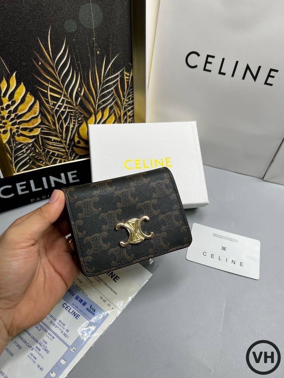 ORI หนังแท้ | CELINE Wallet / Celine Triomphe Compact Wallet กระเป๋าสตางค์ใบสั้น 2 พับ กระเป๋าสตางค์ซีลีน