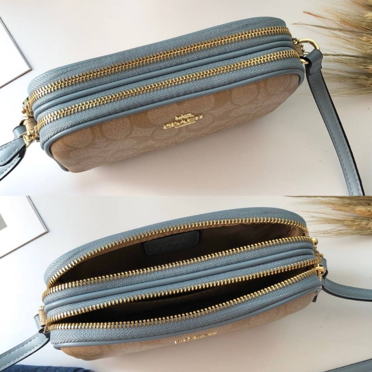 COACH MINI CROSSBODY BAGกระเป๋าสะพาน size mini วัสดุหนังลาย signature เปิด - ปิดด้วยซิป แบ่ง2 ช่องใหญ่ ภายในโล่ง ใส่ wallet สั้น มือถือได้ทุกรุ่น และของใช้จุกจิก พร้อมสายยาวถอด ปรับได้ค่ะ