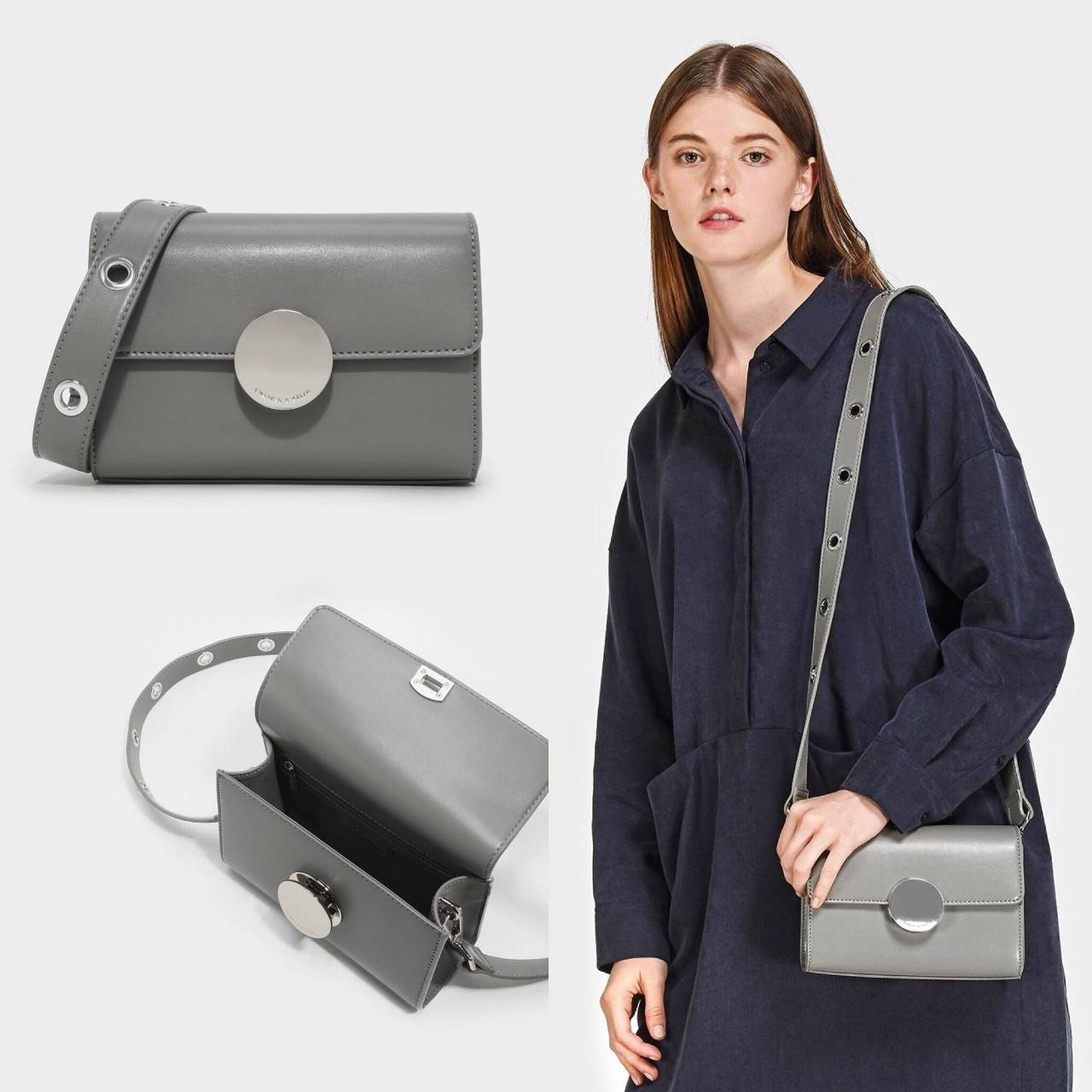 CHARLES AND KEITH CIRCULAR BUCKLE CROSSBODY BAG กระเป๋าสะพายครอสบอดีทรงคลัช ใบเล็กหนังเรียบสวย กระเป๋าสะพาย crossbody หนัง PU เรียบสวย สามารถถอดสายถือแบบคลัชได้ ด้านหน้าประดับด้วยตัวล็อค สุดเก๋ เป็นแผ่นกลมสีทองและสีเงิน ปั๊มแบรนด์ มาพร้อมสายสะพาย สามารถปร
