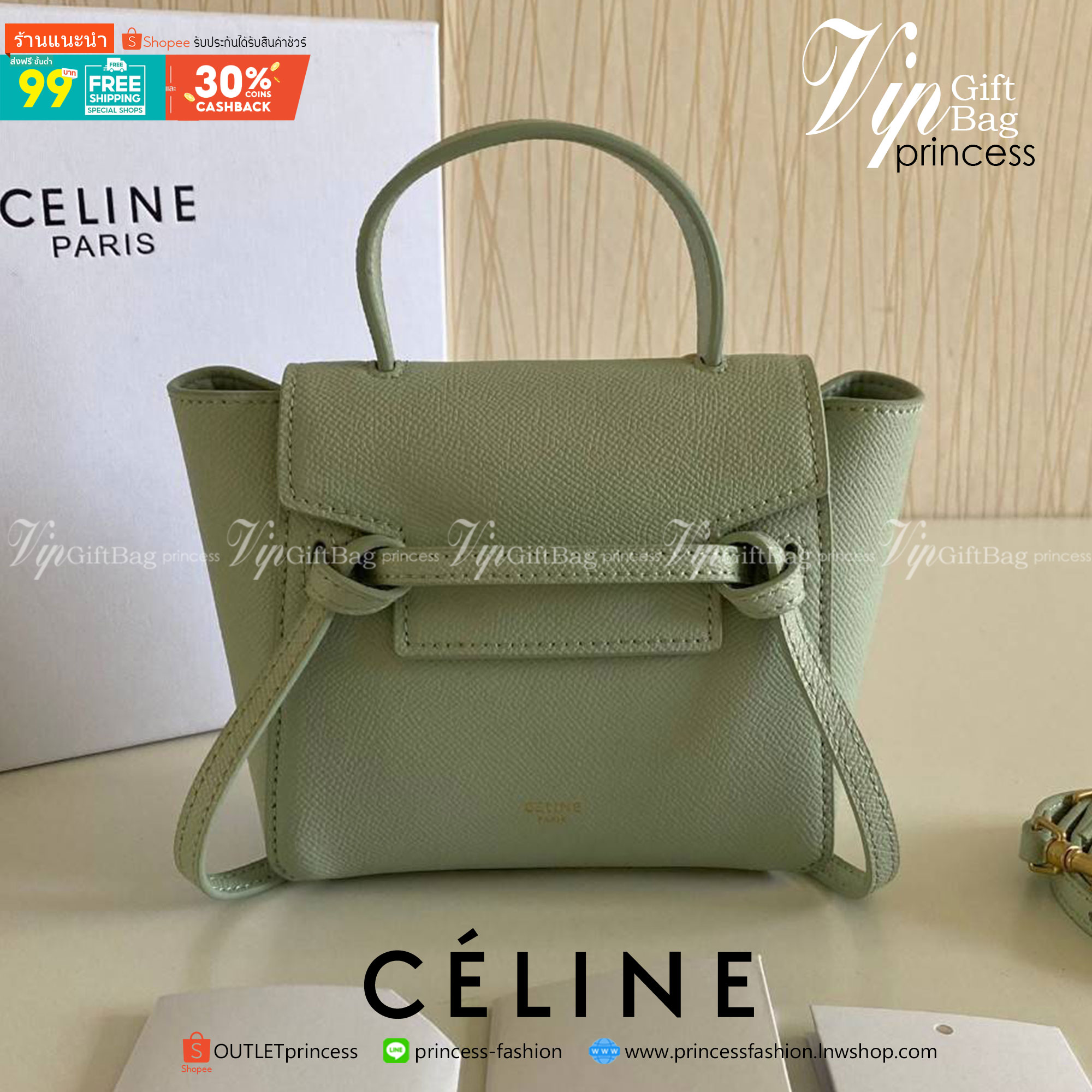 พรีเมี่ยมกิ๊ฟแท้ 100% 】รุ่นหนังแท้ CELINE PICO BELT BAG IN GRAINED CALFSKINAMAZONE ขนาดมินิ น่ารักสุดๆ PINK