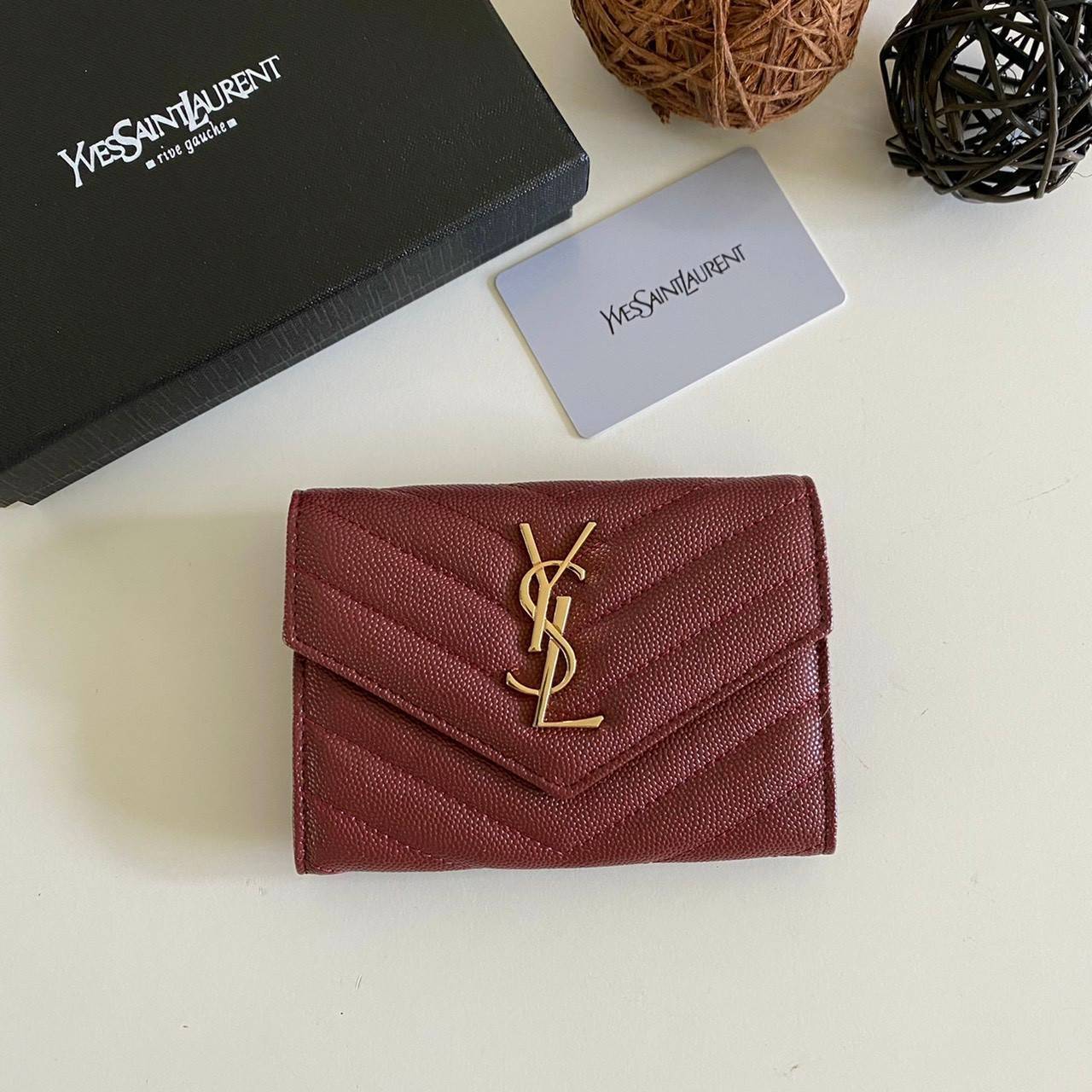 หนังแท้ 12cm YSL SAINT LAURENT GARD HOLDER Small Envelope Monogram Wallet