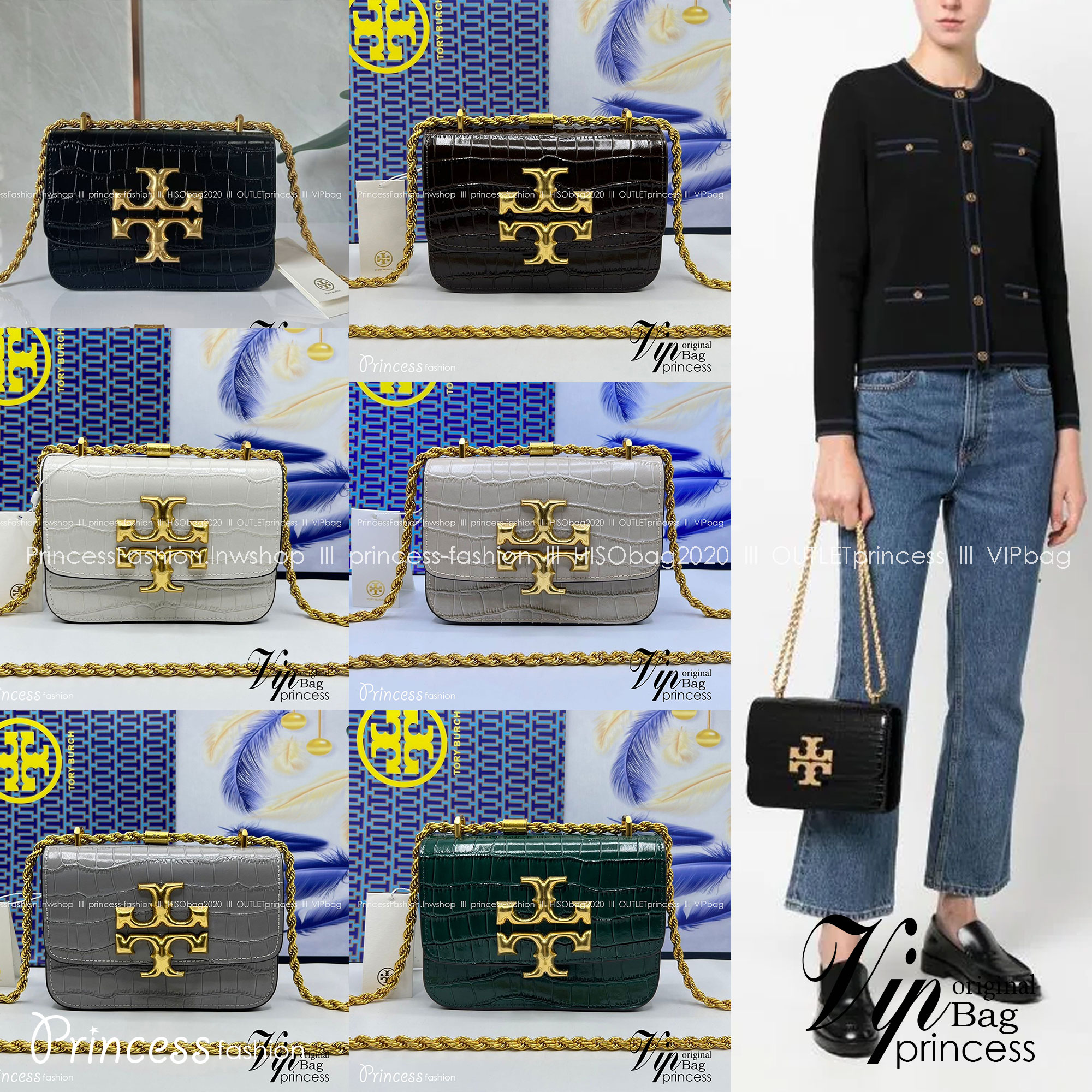 6 สี Tory Burch Croc Eleanor Small Bag / TORY BURCH ELEANOR CROC EMBOSSED LEATHER กระเป๋าสะพายหนังพิมพ์ลายจระเข้ ดีไซน์หรูหรา โด่นเด่นด้วยโลโก้แบรนด์อะไหล่ด้านหน้า และสายสะพายโลหะสีทอง