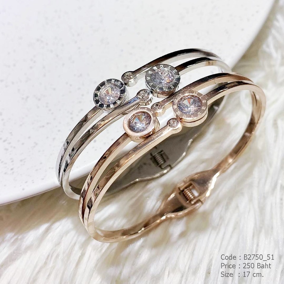 กำไลข้อมือทรงวงรีสีเงิน สแตนเลสแท้ ฝังคริสตัล