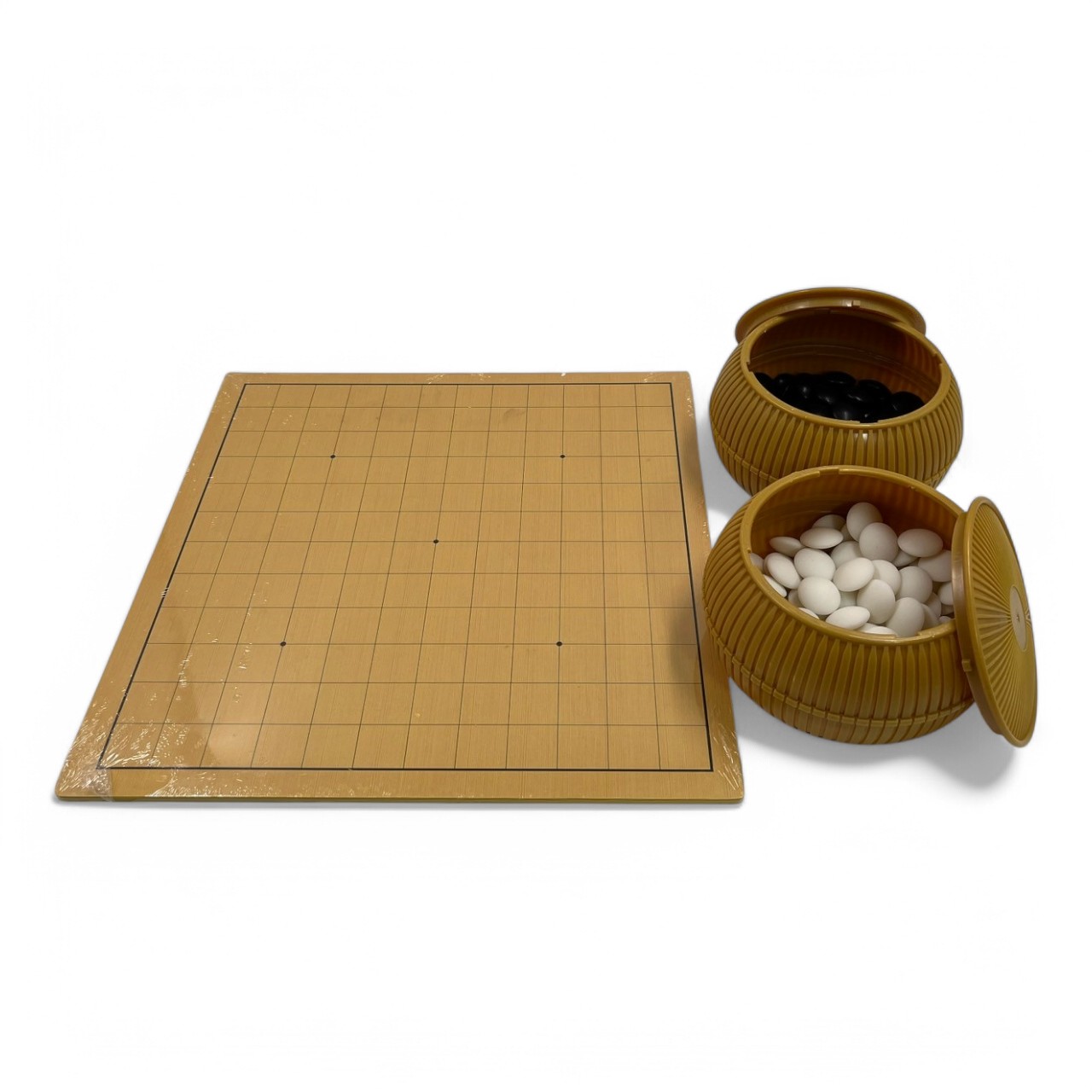 ชุดกระดานหมากล้อมไม้บาง0.5cm 9และ13าส้น.พร้อมเม็ดหมากเมลามีนนูนสองด้านฝั่งละ90เม็ดพร้อมโถลายจักรสาน