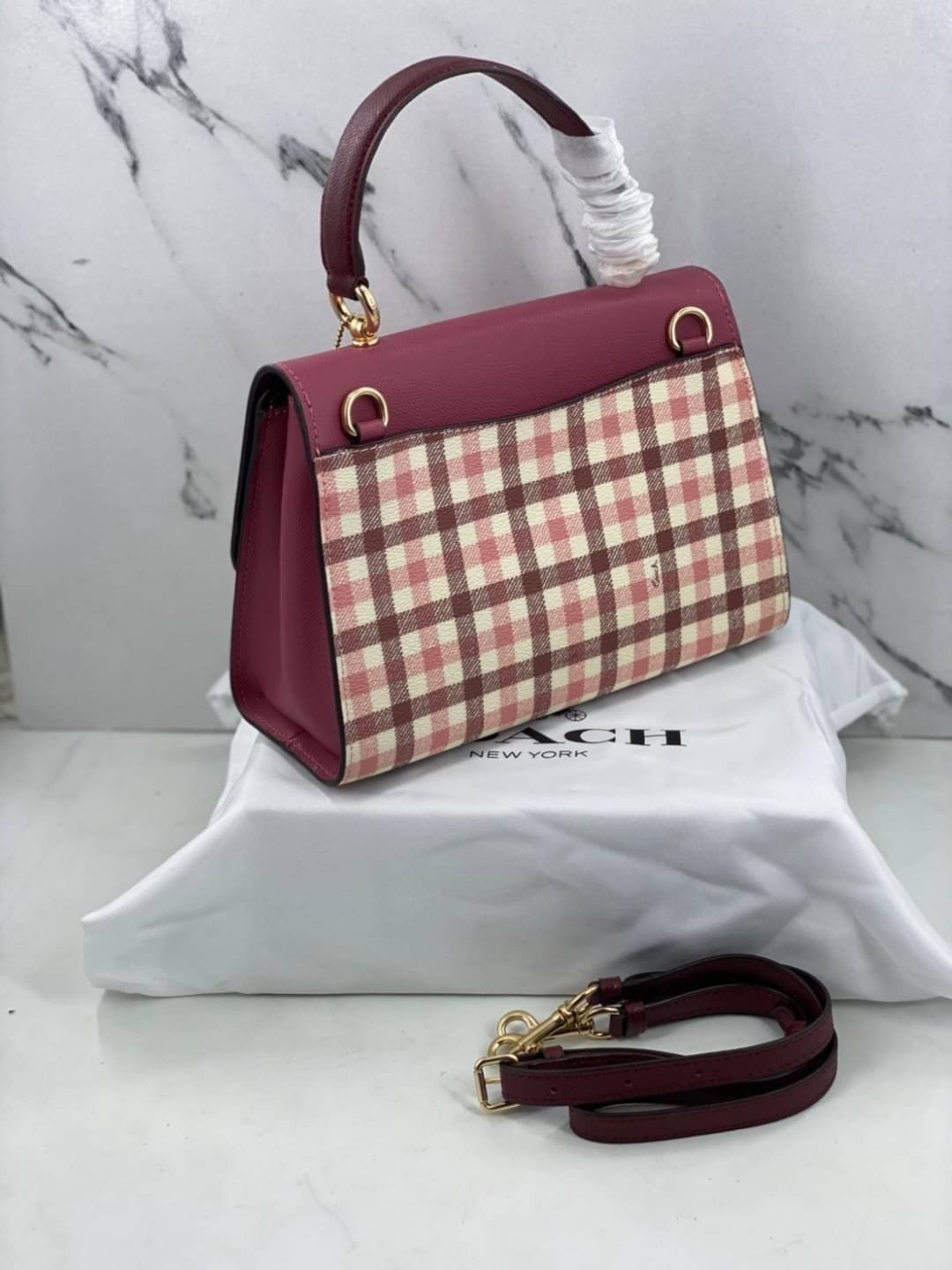 COACH TILLY TOP HANDLE SATCHEL WITH GINGHAM PRINT (COACH F76615) BROWN PINK MULTI/GOLD