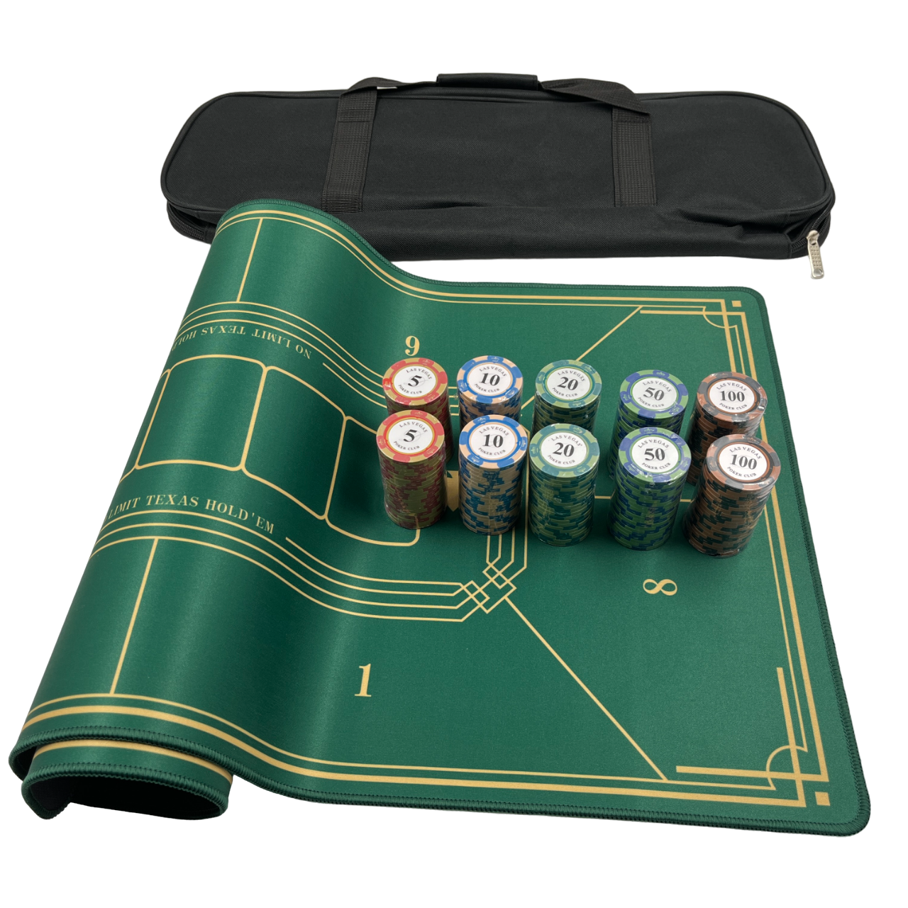 ชุดโป๊กเกอร์ชิพ 200 เหรียญพร้อมผ้าปูสีเขียว 8 คนเล่น 40x80cm. และกระเป๋า