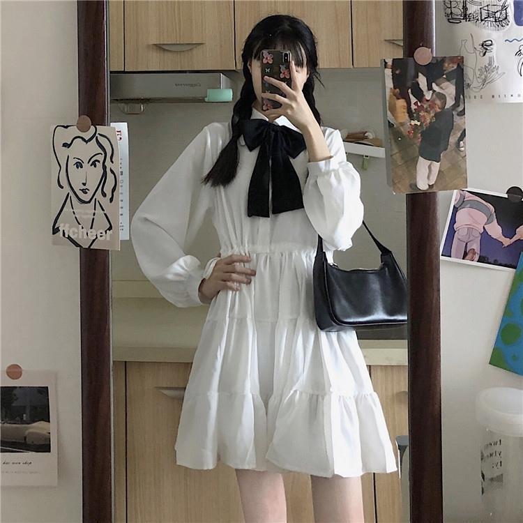 พร้อมส่ง 🧺🧽 Warin dress เดรสแขนยาวคอปกแต่งระบายน่ารักๆ แต่งโบว์ (IN36120)