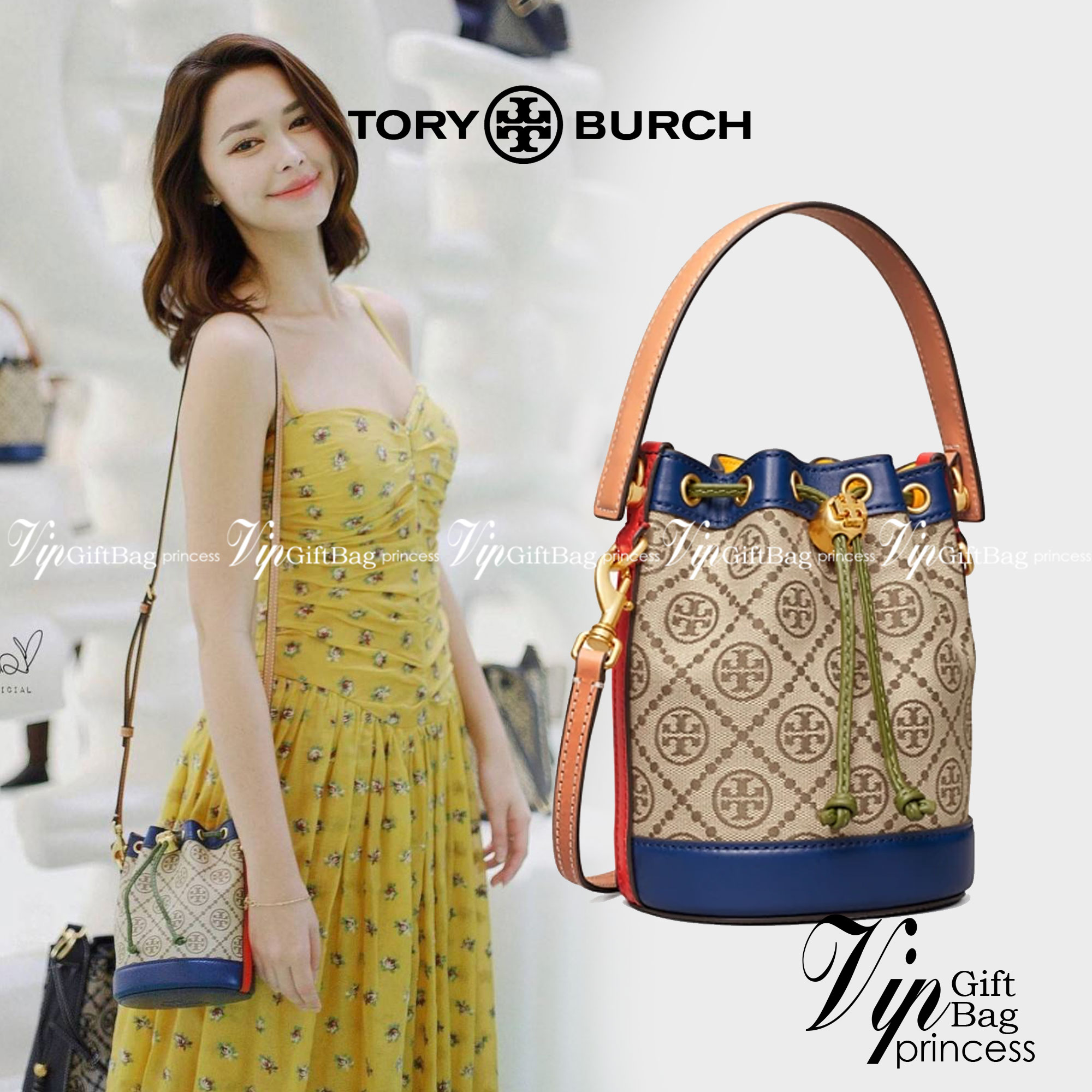 TORY BURCH T MONOGRAM COLORBlOCK JACQUARD MINI BUCKET BAG คอลเลคชั่นใหม่ล่าสุด ครอบครองก่อนใคร รุ่นบัคเก็ตทรงจีบ วัสดุ jacquard สลับหนังแท้ ตัดขอบข้างสีแดงทำให้ดูโดดเด่น หูจับหนังแท้ เปิด ปิด แบบหูรูด ภายในช่องโล่งกว้าง มาพร้อมสายสะพายข้างหนังแท้ ปรับระดั
