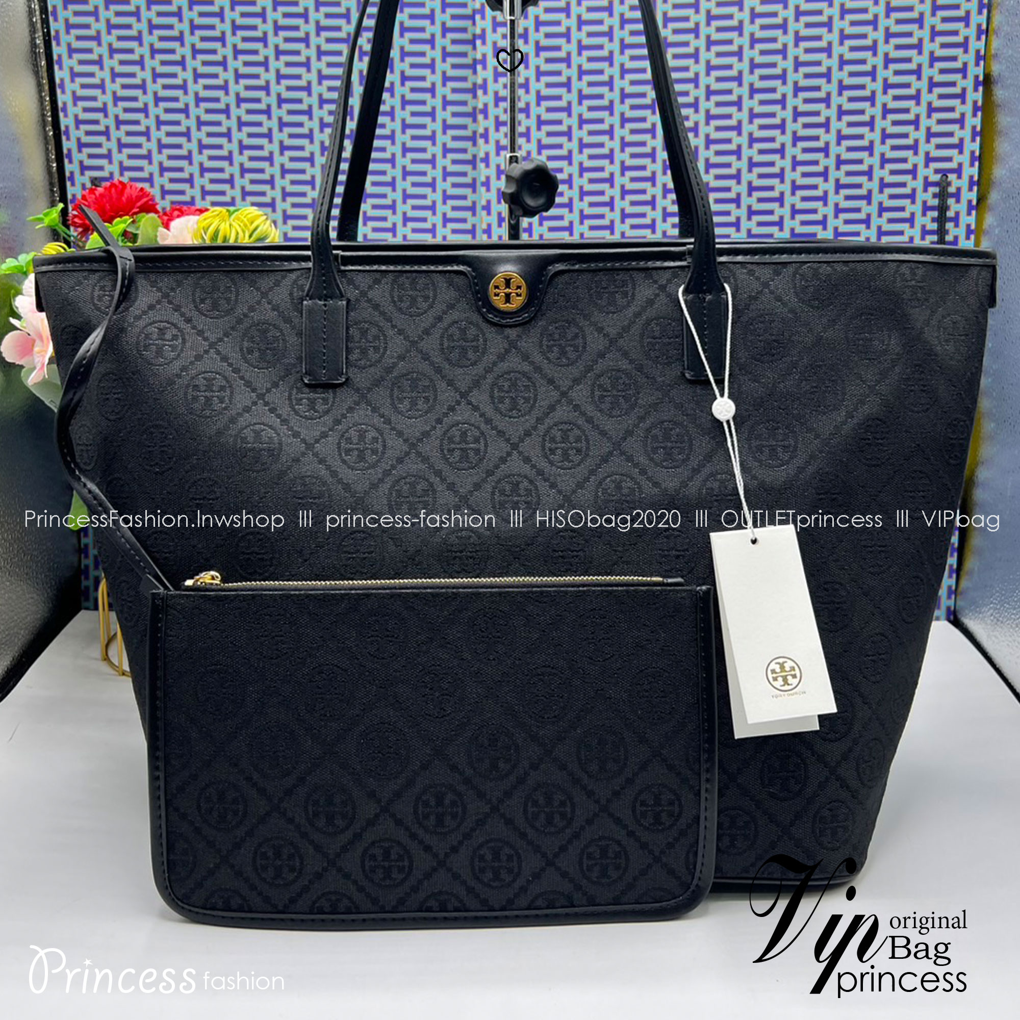 ORI หนังแท้ | Tory Burch T Monogram zip tote bag กระเป๋าทรงโท้ทใบใหญ่ทรงกว้างพร้อมใบเล็กเข้าเซ็ท งานผ้าแจ็คการ์ดตัดขอบหนัง เดอะเบสท์ เซลเลอร์!!