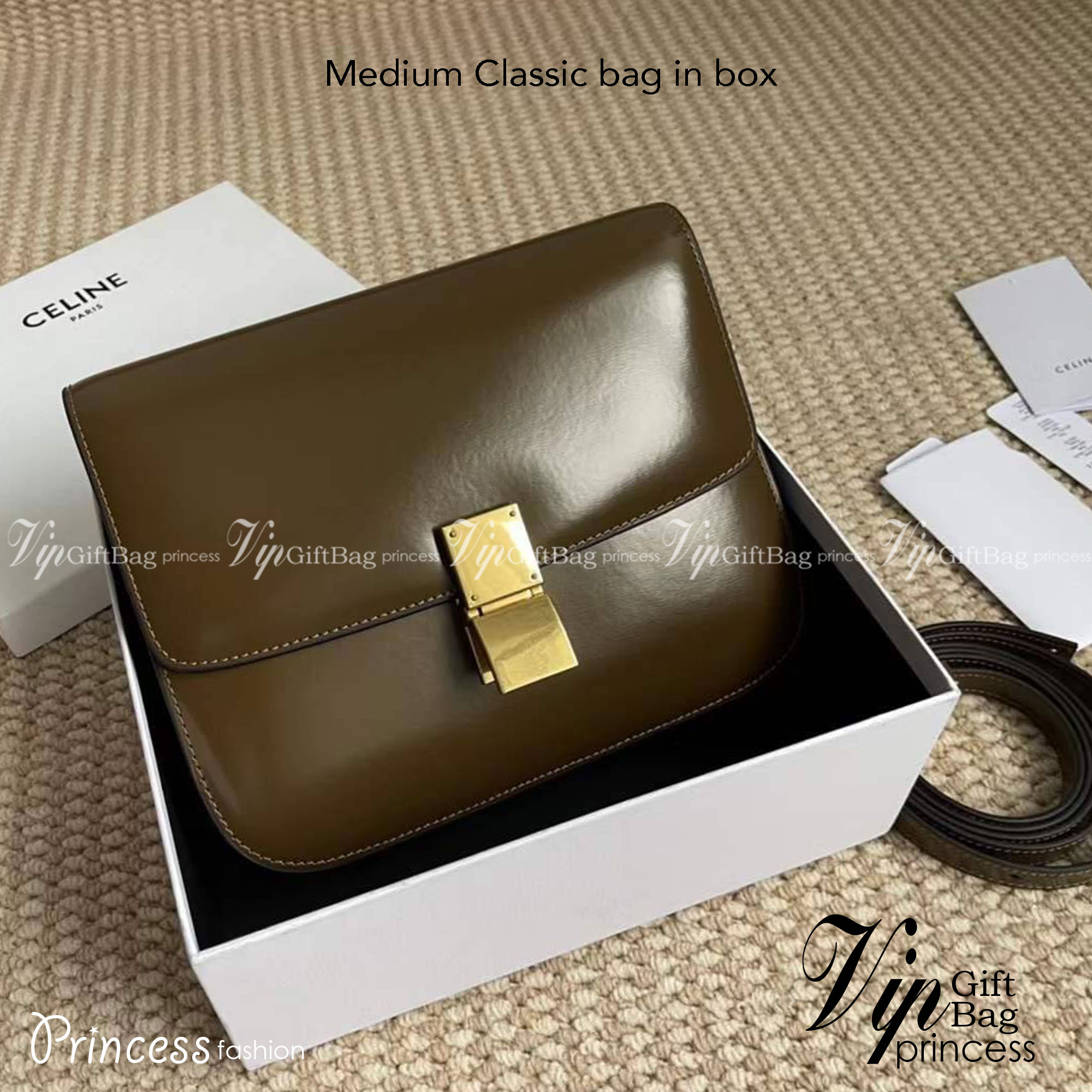 CELINE Medium Classic bag in box calfskin เกรดออริจินอล กระเป๋าสะพายแบรนด์เนมซีลีนหนังแท้ อะไหล่ทองหรู งานหนังเรียบ สวยหรู