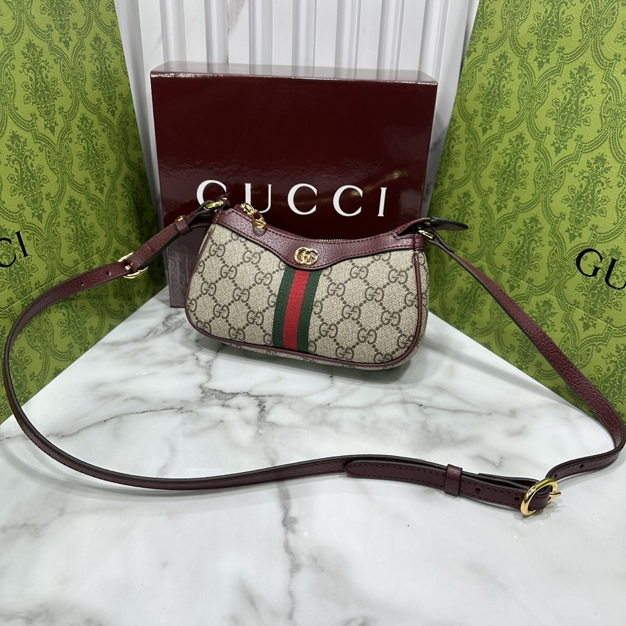 8" ORI หนังแท้ | Gucci Ophidia mini shoulder bag GG Monogram Double G / Gucci Hobo Bag กระเป๋าสะพายทรงโฮโบขนาดมินิ