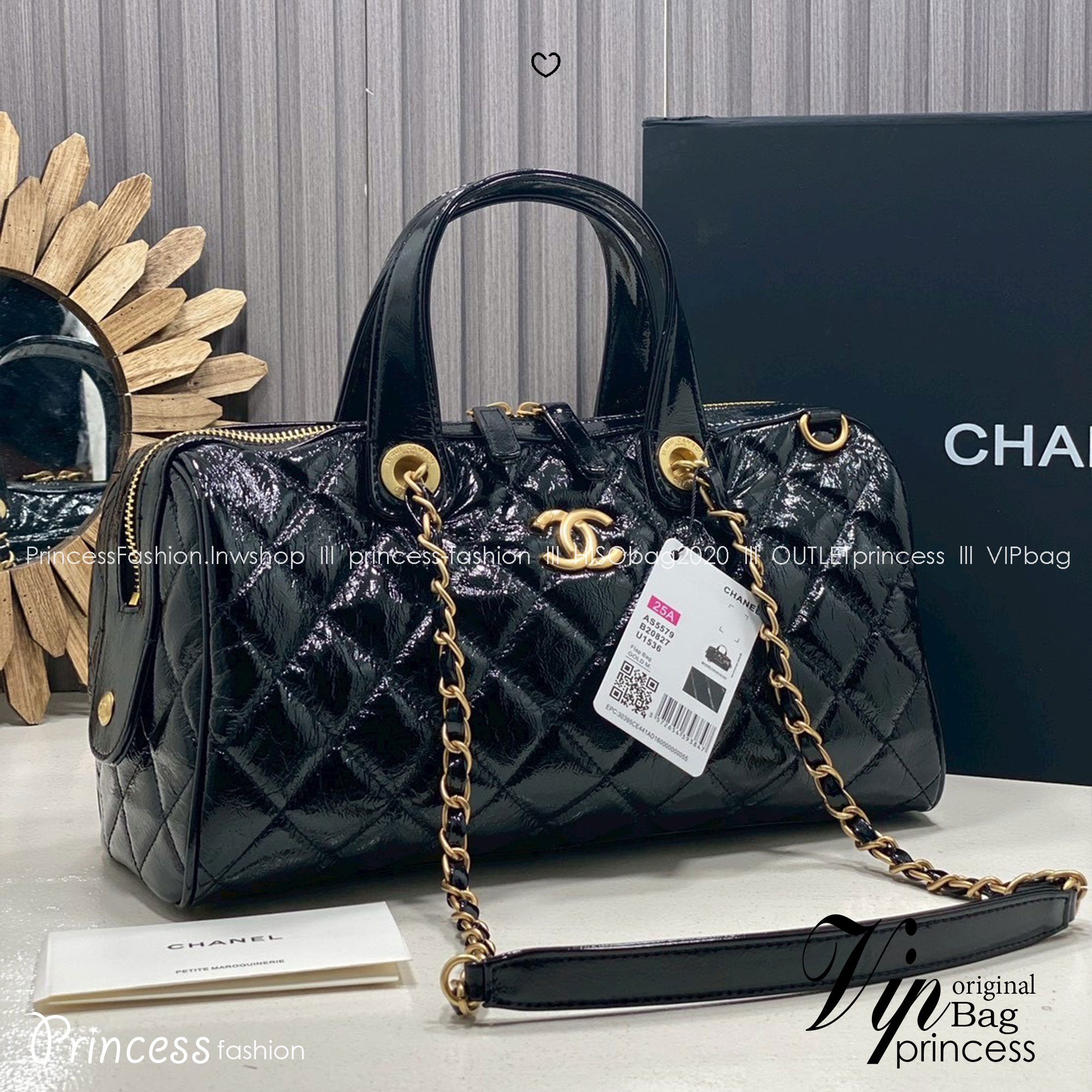ORI หนังแท้ | Chanel Large Bowling Bag Crumpled Leather / Chanel Keepall Bag กระเป๋าถือ กระเป๋าสะพายรุ่นใหม่ล่าสุด ดีไซน์หนังยับเงา ในคอลเลกชัน Métiers d’art ปี 2024/25