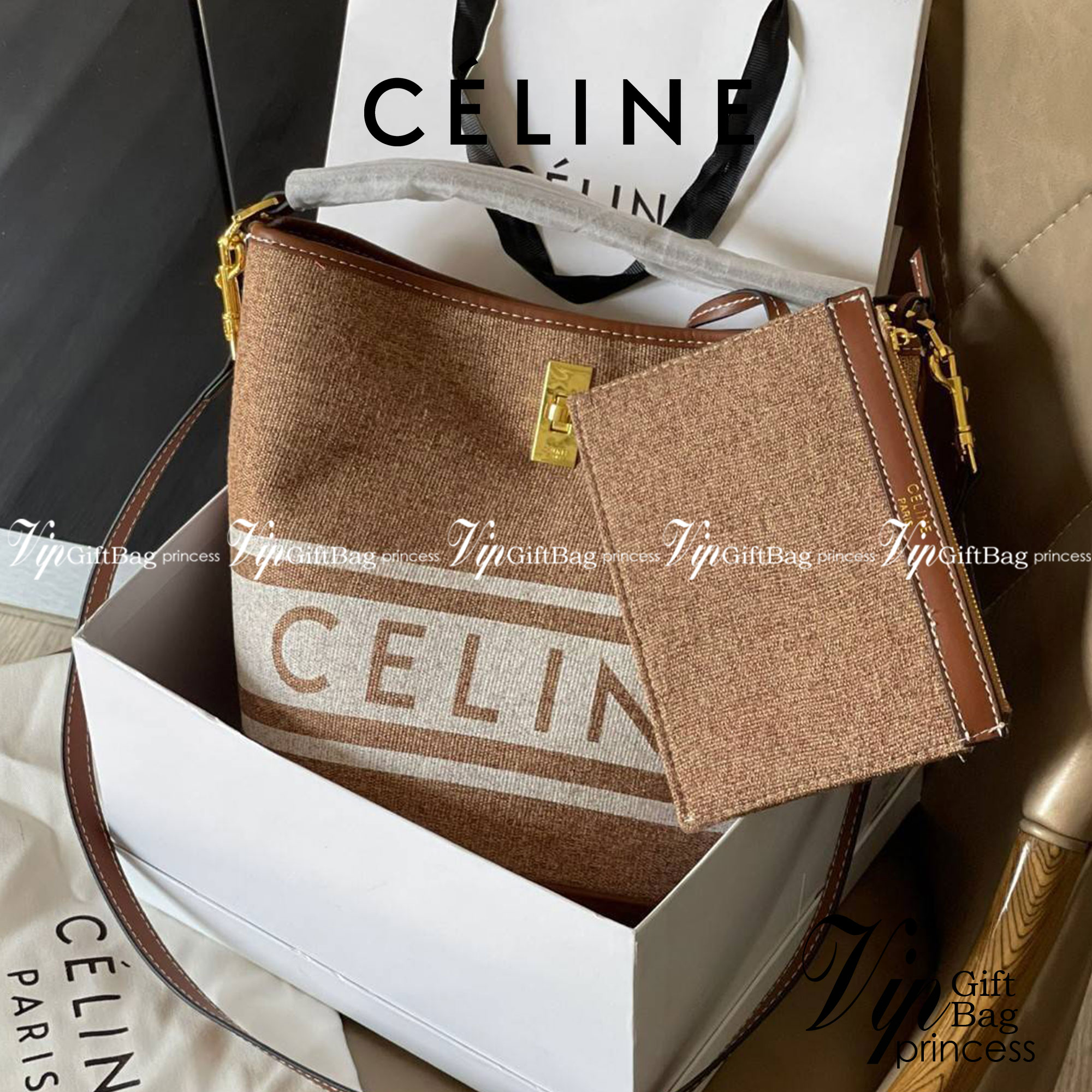 Celine Bucket Bag In Textile with Celine Logo สาว ๆ คนไหนกำลังมองหากระเป๋าสะพายที่สามารถจุของได้แบบกำลังพอดี เราขอแนะนำเป็นใบนี้เลยค่ะ เพราะมีขนาดที่ไม่เล็กและไม่ใหญ่จนเกินไป ให้ความคล่องตัวสูง มีฐานกว้างสามารถใช้สะพายไหล่เมื่อต้องการออกงานทางการหรือจะสะพ