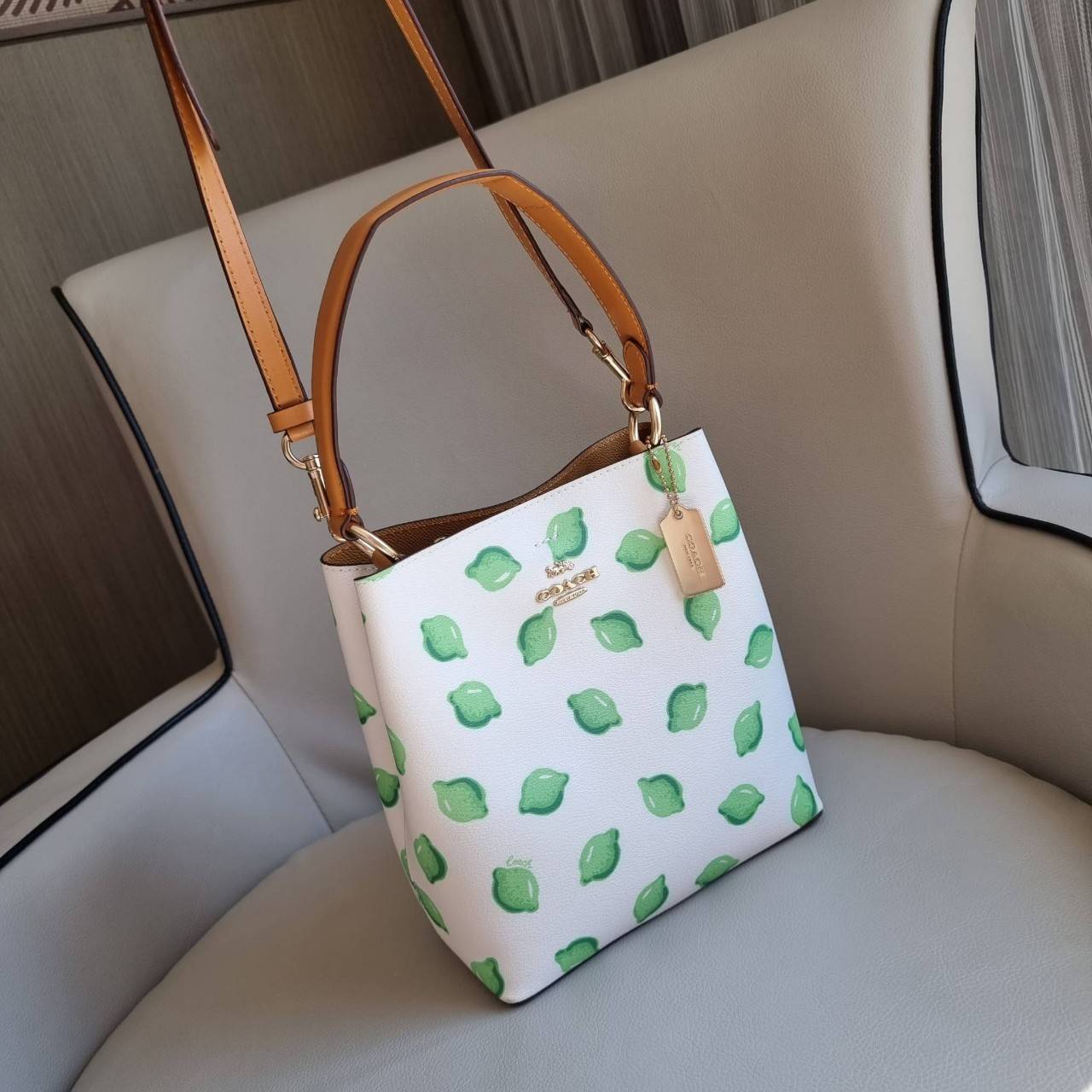 OUTTLET 】COACH 1625 SMALL TOWN BUCKET BAG WITH LIME PRINT ต้อนรับปีใหม่ด้วยความสดใส กับรุ่นยอดนิยม กระเป๋าทรงบัคเก็ตไซส์เล็ก ดีไซน์ลวดลายจี๊ดจ๊าด น่าใช้จริงจัง วัสดุหนังแคนวาสเคลือบลาย สวยคมแซ่บมากๆ เปิด-ปิดด้วยกระดุมแม่เหล็กทั้ง 2 ฝั่ง ภายในเป็นช่องโล่ง 