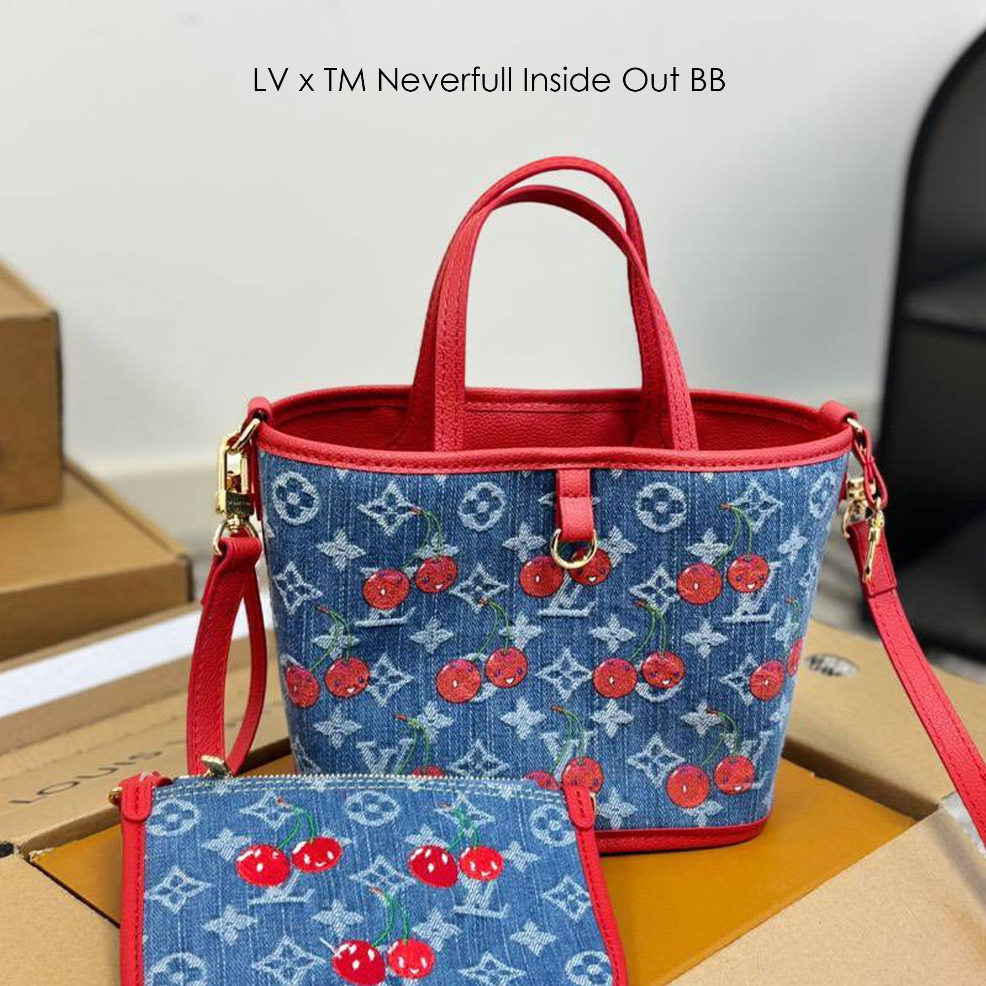 LV x TM Neverfull Inside Out BB Monogram cherry denim 20cm กระเป๋าสะพายทรงโท้ทพร้อมใบเล็กเข้าเซ็ท โดดเด่นมีชีวิตชีวา ด้วยเดนิมวินเทจปักลายเชอร์รี่สีสันสดใสสะดุดตาสะท้อนสไตล์ไอคอนิก