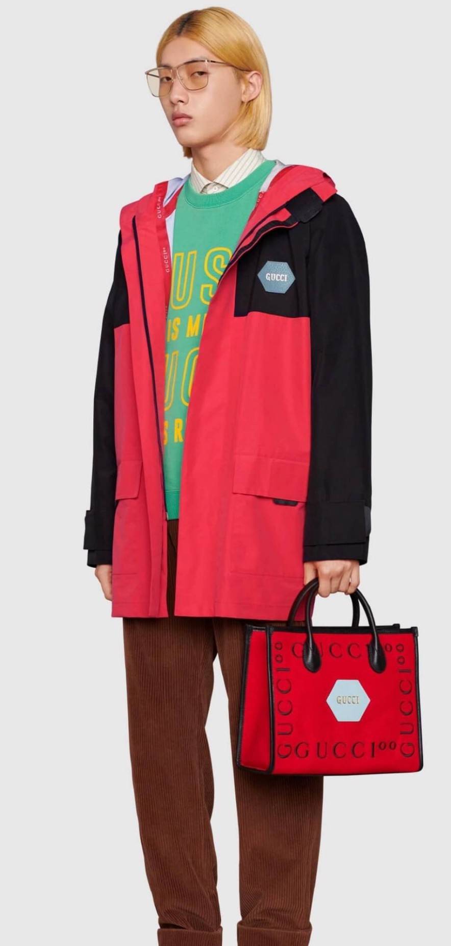 VIP 】Gucci 100 small tote bag Hibiscus red felt with Gucc100 print Black leather พร้อมส่งที่ไทย