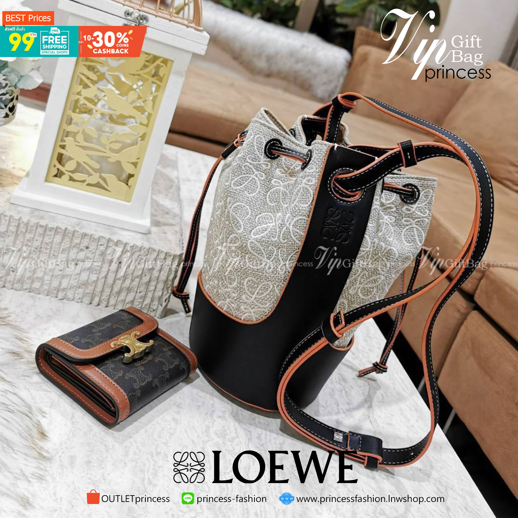 พรีเมี่ยมกิ๊ฟแท้ 100% 】LOEWE CROSSBODY ANAGRAM BUCKET BAG GIFT WITH PURCHASE (GWP) กระเป๋าถือหรือสะพายพรีเมี่ยมกิ๊ฟ Limited จาก LOEWE PERFUME DUTYFREE COUNTER รุ่นใหม่ล่าสุด Rare items หายากสุดเลอค่าวัสดุ Anagram Canvas ตัดหนังแท้ Calfskin สุดคลาสสิค