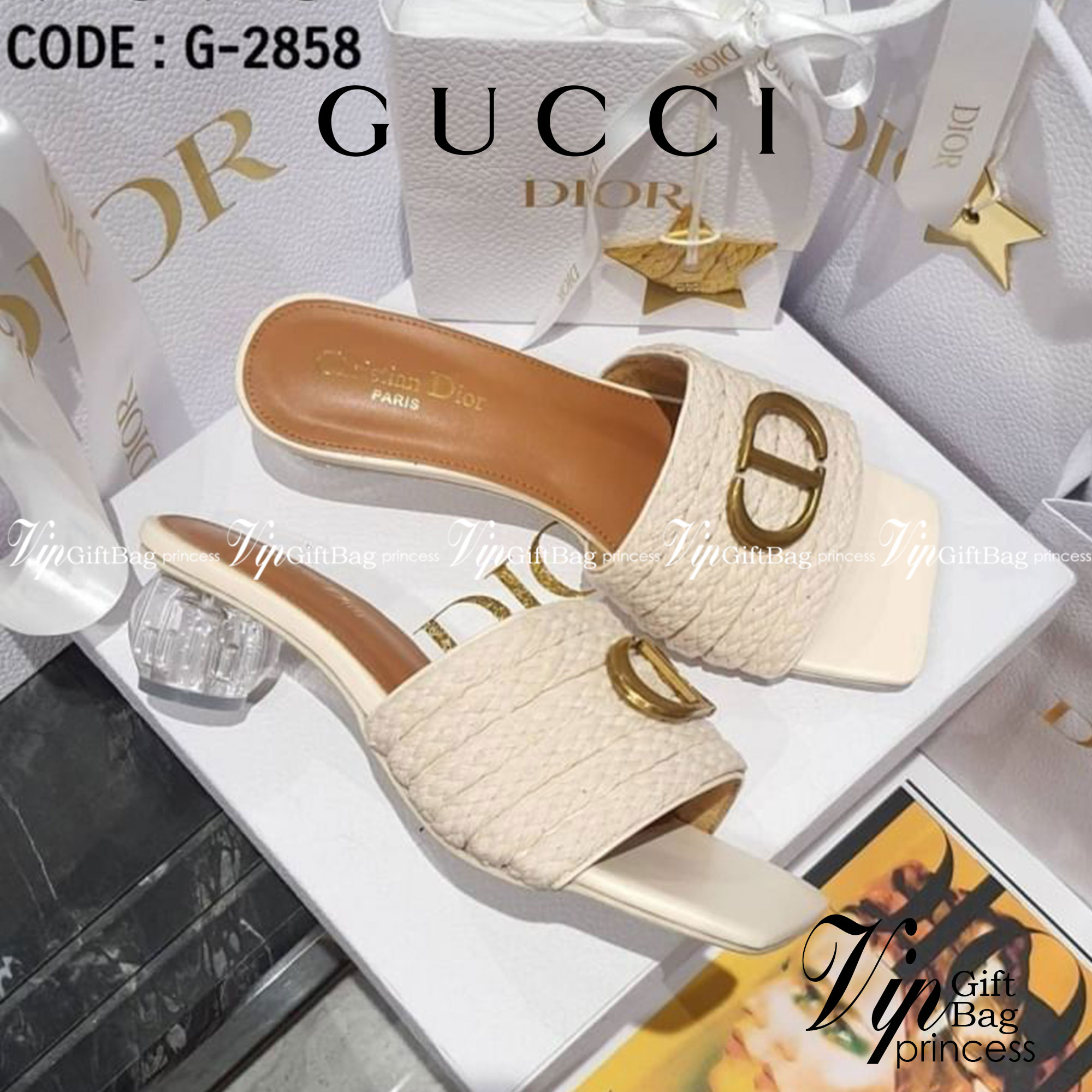 Christian Dior รองเท้างานสวมคาดเชือกถัก วางอะไหล่ CD ส้นแก้วใส ใส่สบาย น้ำหนักเบา ใส่ชิลๆ ได้ทั้งวันเลยค่ะ สวยหรูละมุนที่สุด มีจำกัดนะคะ