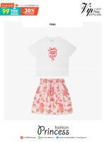 สลับแท้ เกรดเทพ Size 90-150 เสื้อผ้าเด็กแบรนด์เนม FENDI Jersey junior T-shirt + Junior Skirt Poplin งาน 1:1 เซตงานเสื้อยืดขาวกับกระโปรงลายผ้าชนะเลิศ เนื้อผ้าการันตีความพรีเมียม