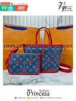 ORI หนังแท้ | LV x TM - Neverfull Inside Out BB Bag Monogram cherry denim กระเป๋าสะพายทรงโท้ทใบเล็ก ไอเท็มโดดเด่นมีชีวิตชีวา เดนิมปักลายเชอร์รี่สีสันสดใสสะดุดตาสะท้อนสไตล์ไอคอนิกของศิลปินชาวญี่ปุ่น