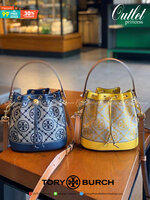 ของแท้ 💯% 】Tory Burch Monogram Jacquard Bucket Bag กระเป๋าถือหรือสะพายไหล่ วัสดุผ้า Canvas โลโก้ Jacquard ทรงถัง ตั้งอยู่ทรง